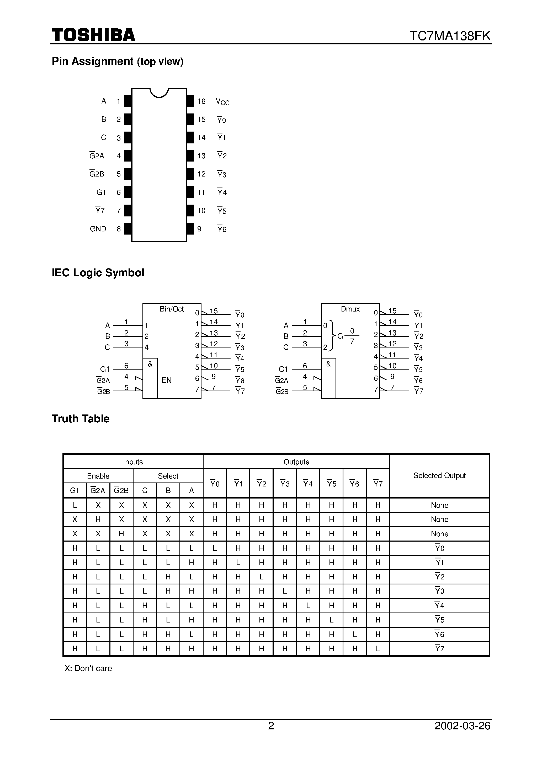 Даташит TC7MA138FK - Low Voltage 3-to-8 Line Decoder страница 2