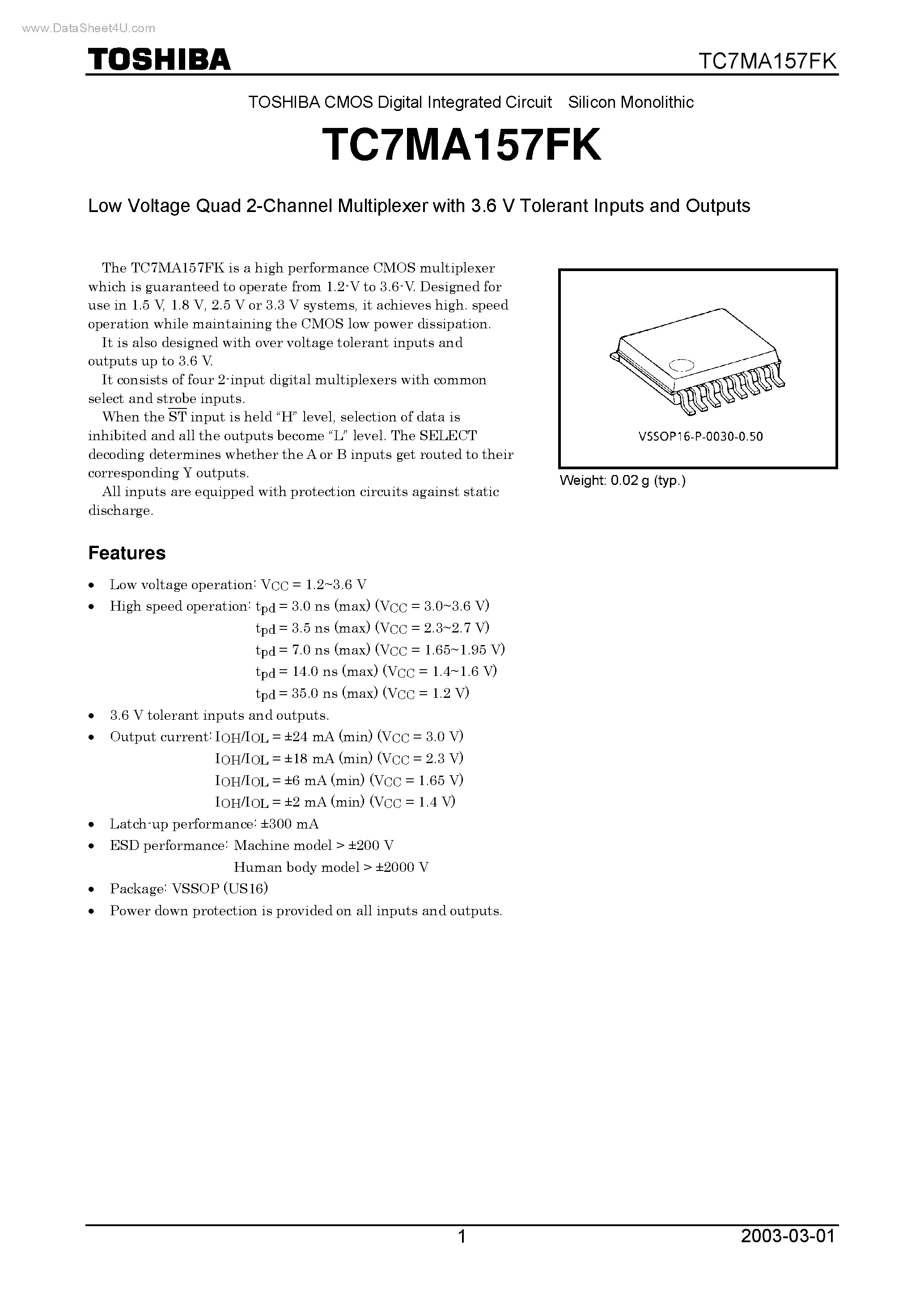 Datasheet TC7MA157FK - Low Voltage Quad 2-Channel Multiplexer page 1