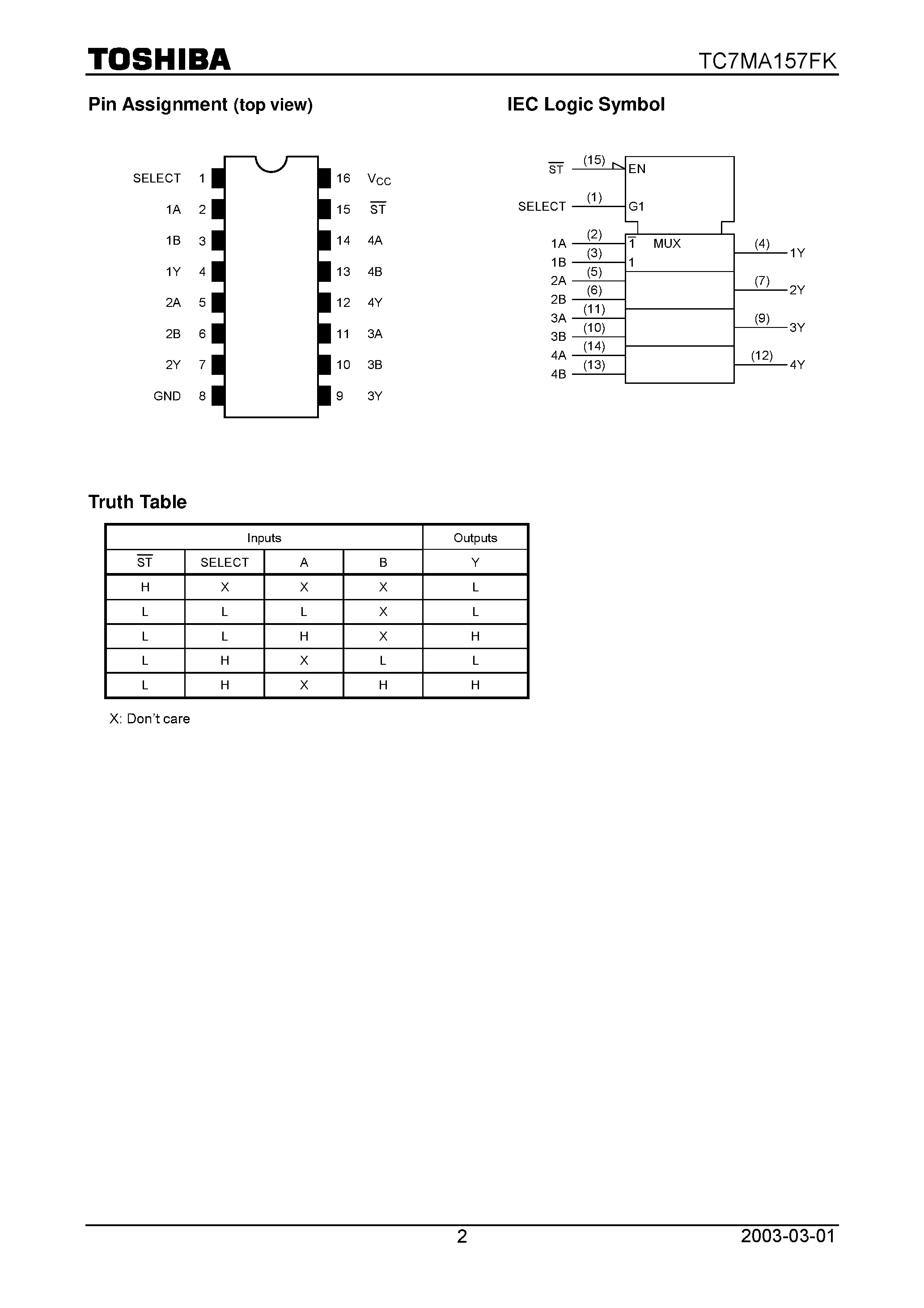 Datasheet TC7MA157FK - Low Voltage Quad 2-Channel Multiplexer page 2