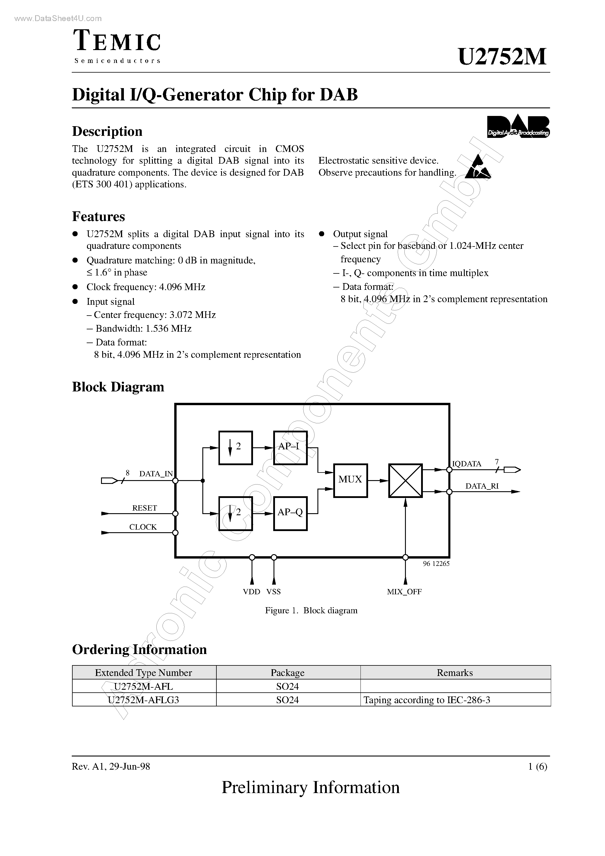 Datasheet U2752M - Digital I/Q-Generator Chip page 1