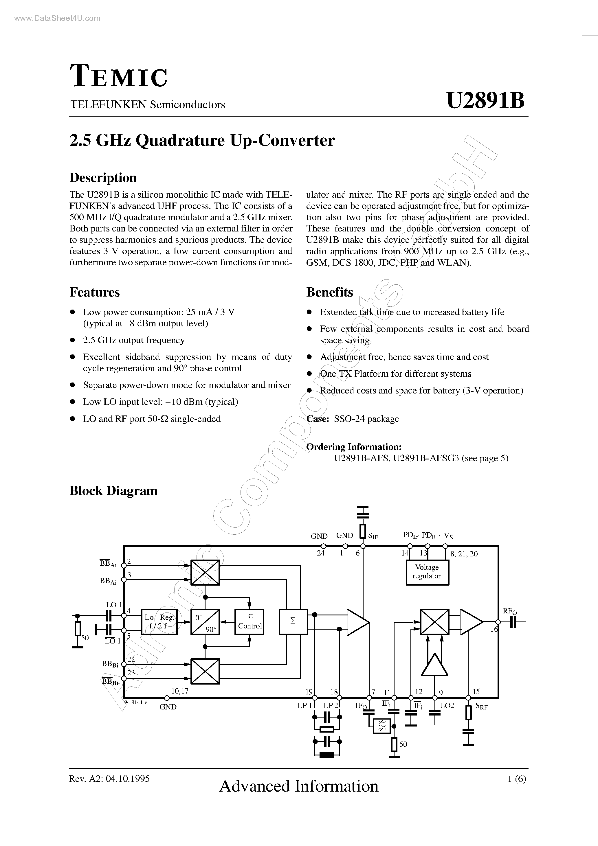 Datasheet U2891B - 2.5 GHz Quadrature Up-Converter page 1