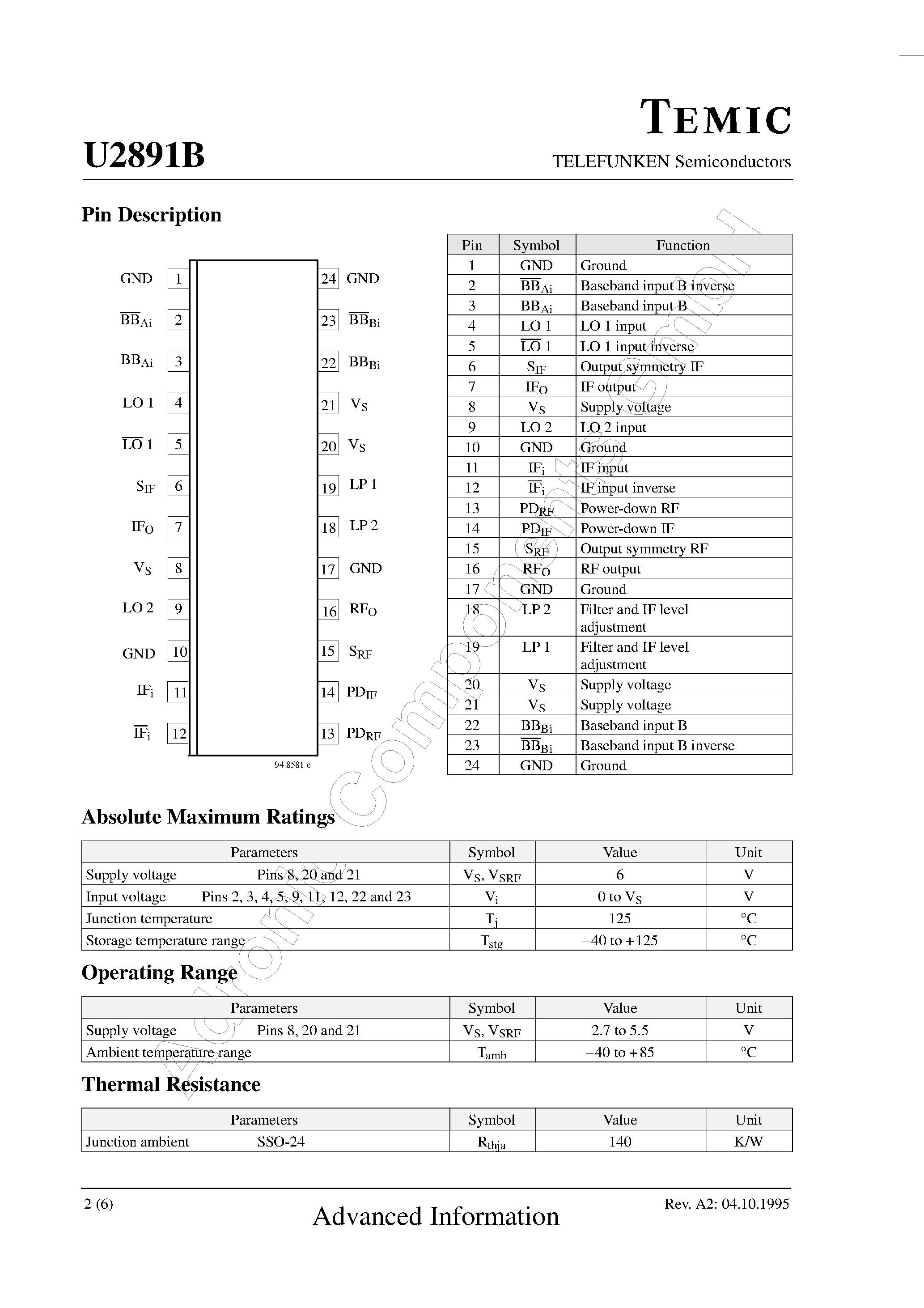 Datasheet U2891B - 2.5 GHz Quadrature Up-Converter page 2