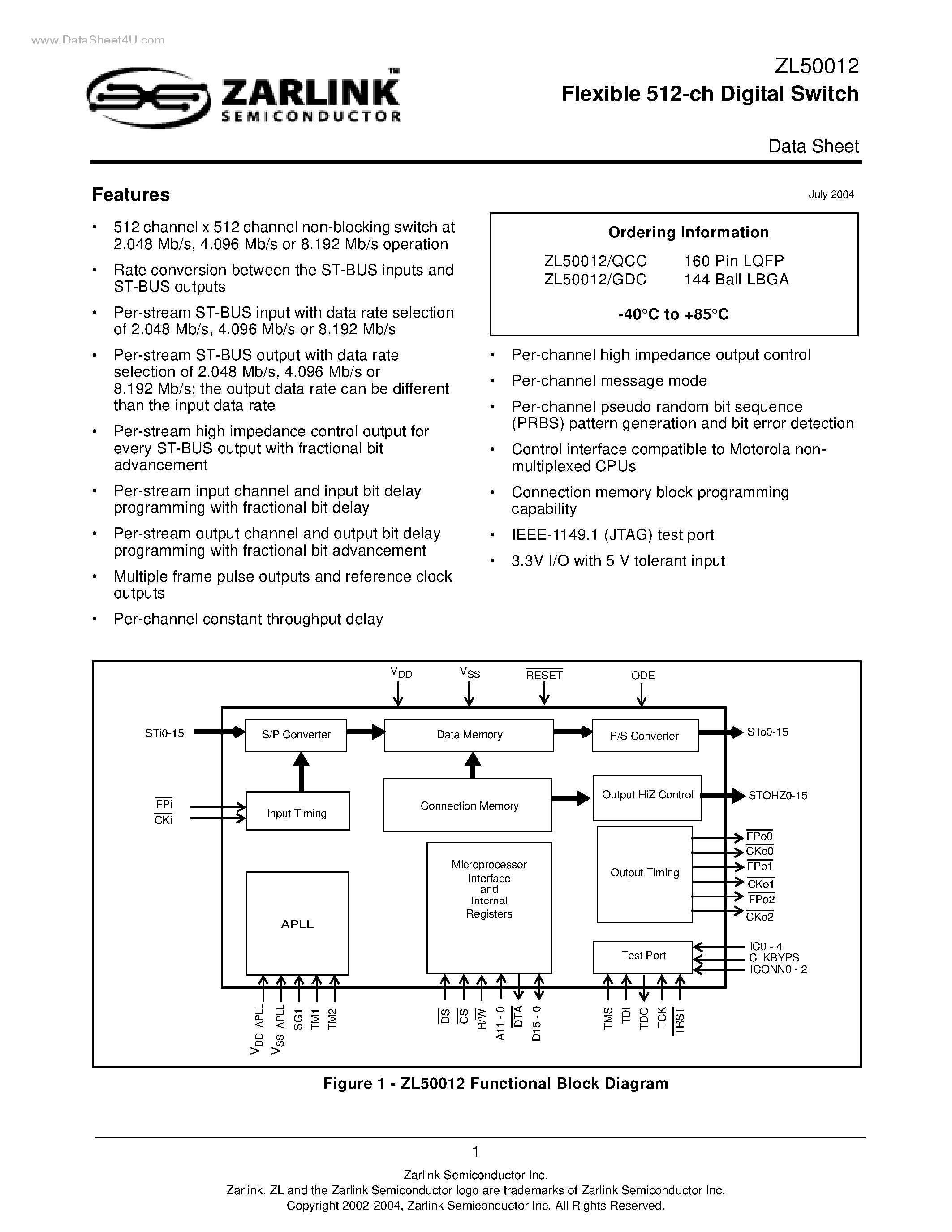 Datasheet ZL50012 - Flexible 512-ch Digital Switch page 1