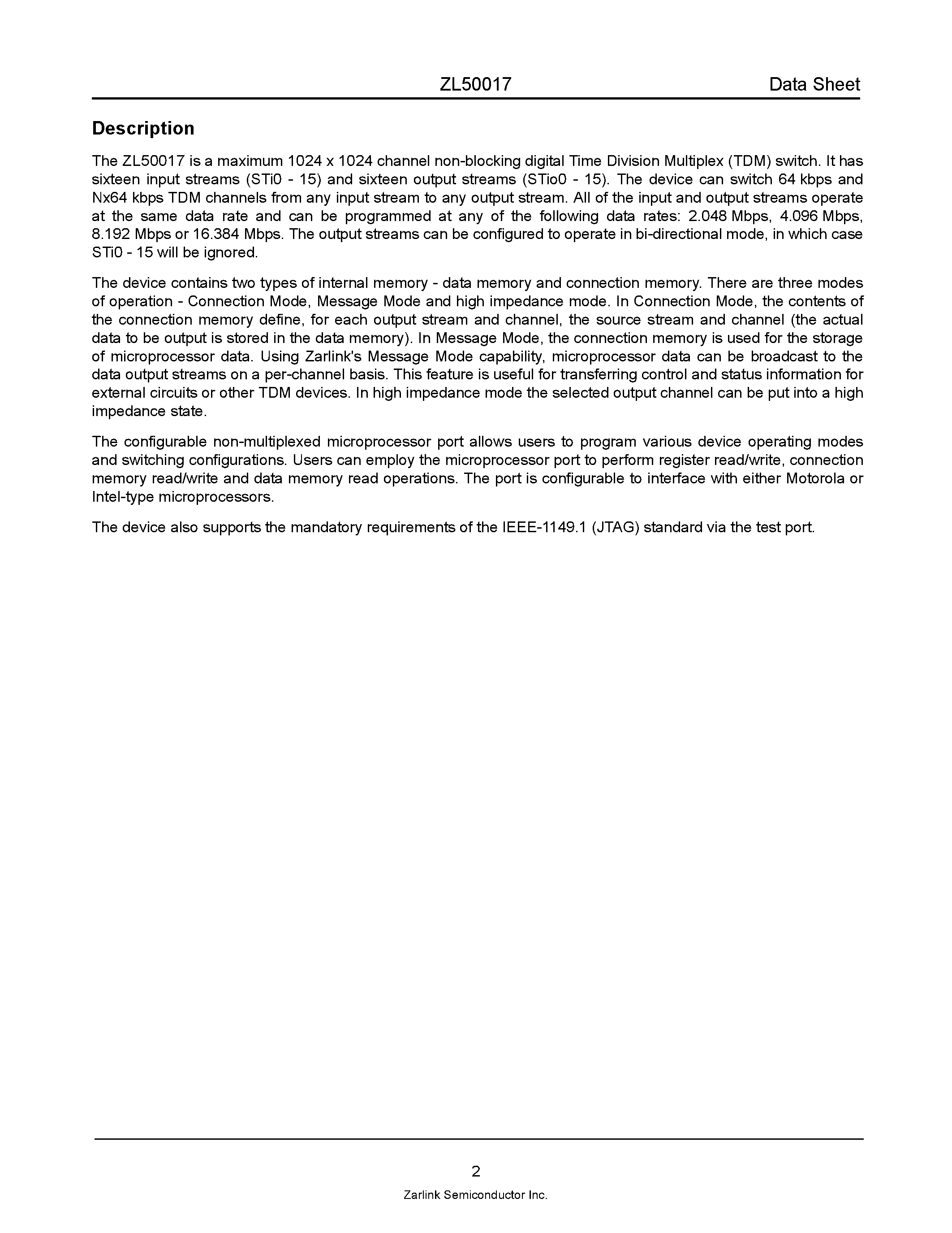 Datasheet ZL50017 - 1 K Digital Switch page 2