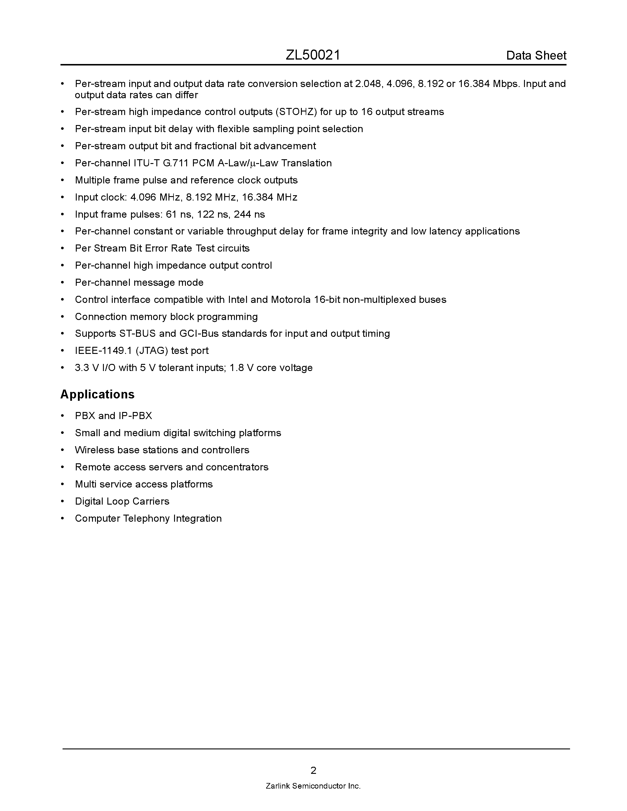 Datasheet ZL50021 - Enhanced 4 K Digital Switch page 2