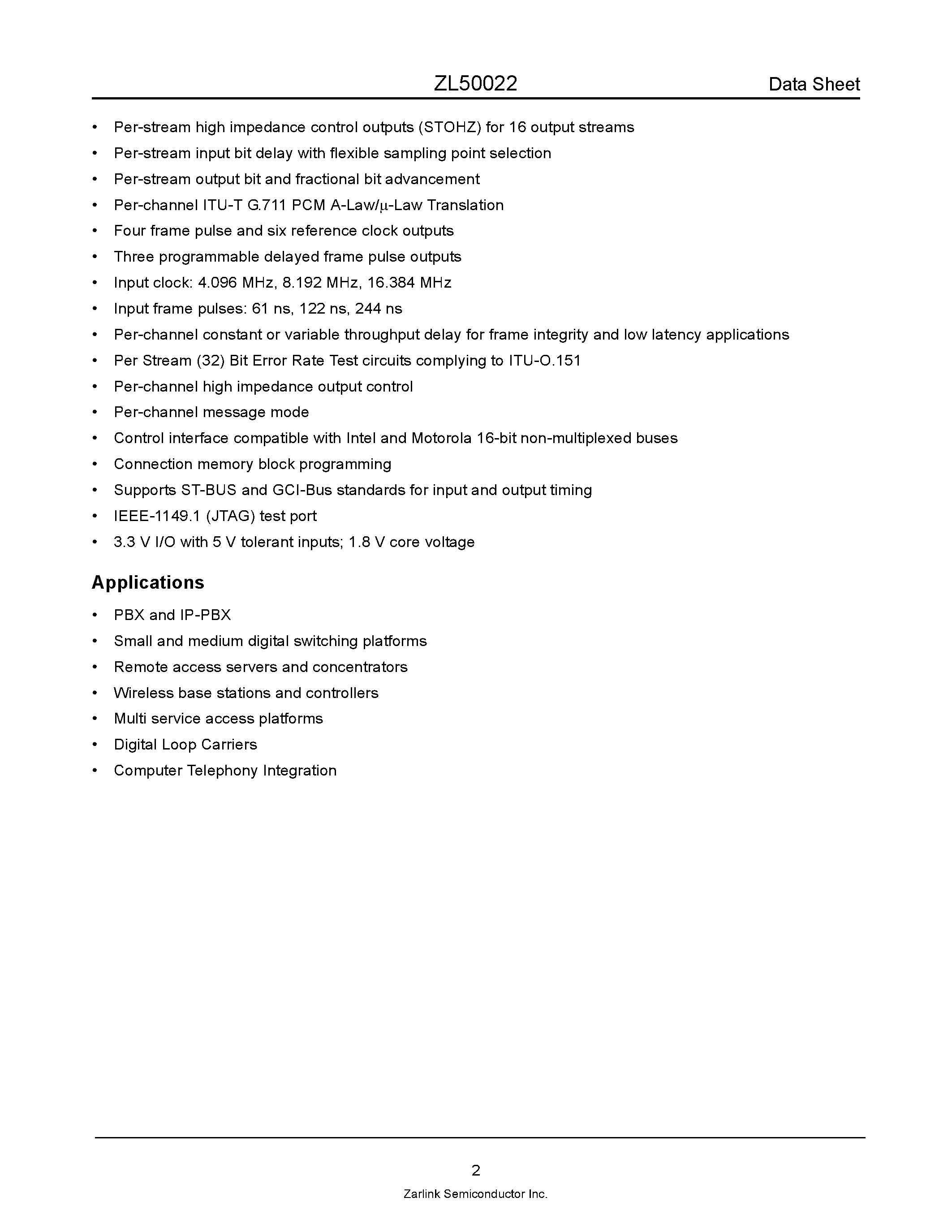 Даташит ZL50022 - Enhanced 4 K Digital Switch страница 2