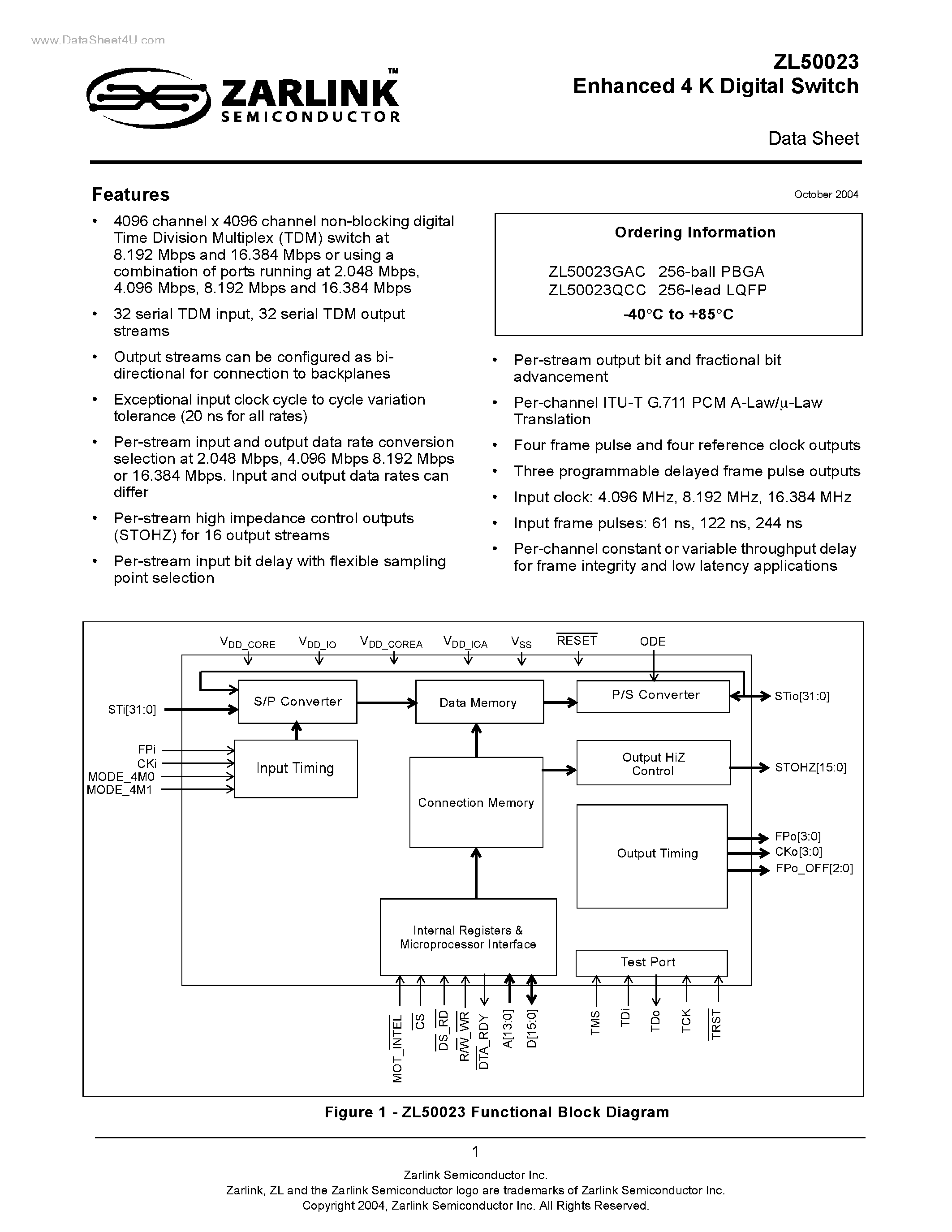 Datasheet ZL50023 page 1 Datasheet ZL50023 - Enhanced 4 K Digital Switch page 1