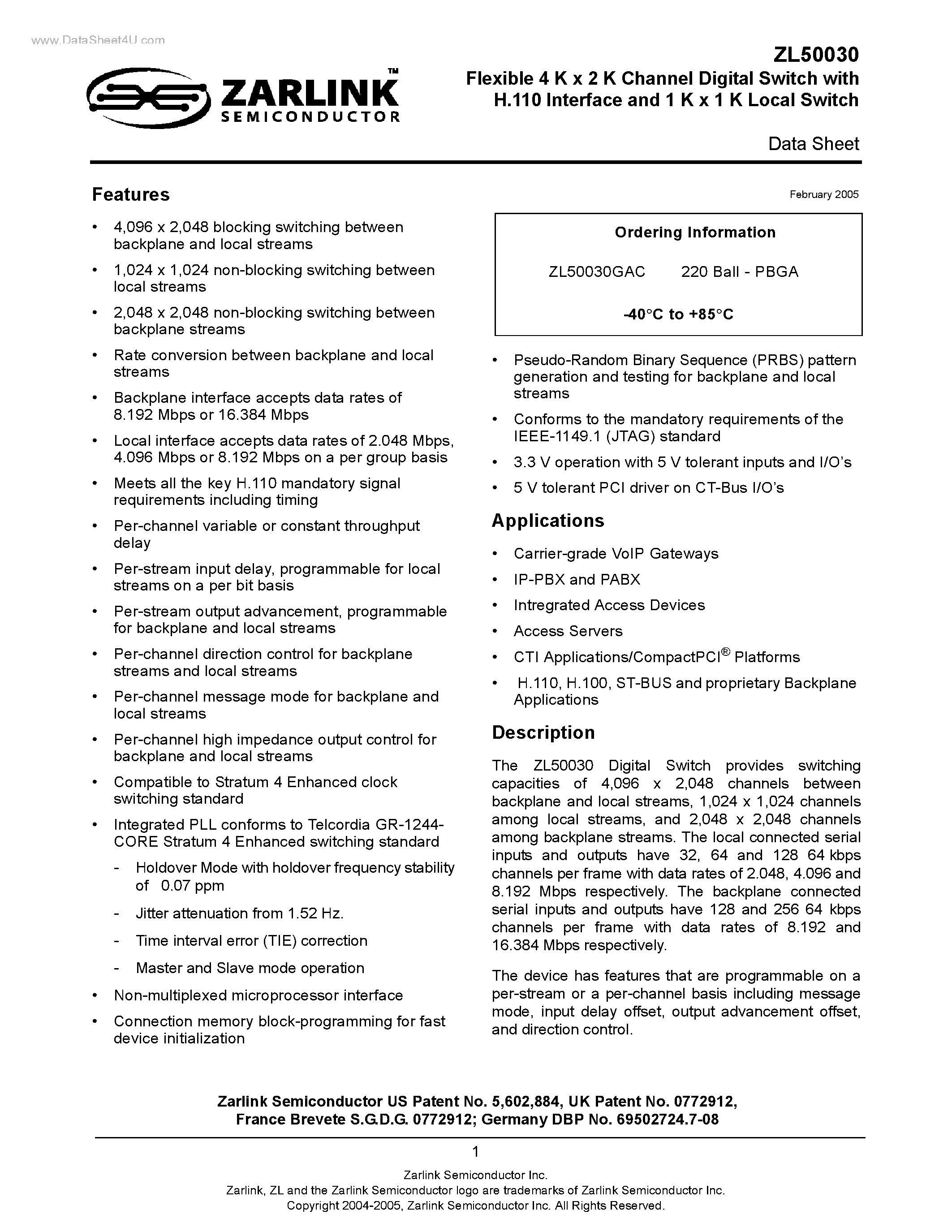Даташит на микросхему ZL50030 страница 1 Даташит ZL50030 - Flexible 4 K x 2 K Channel Digital Switch страница 1