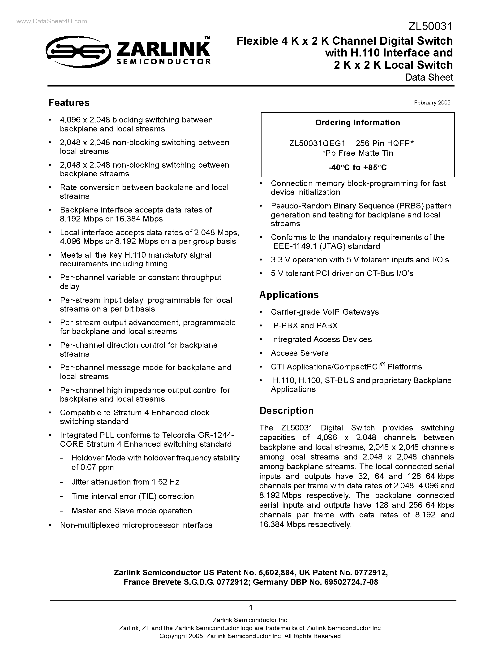 Datasheet ZL50031 - Flexible 4 K x 2 K Channel Digital Switch page 1
