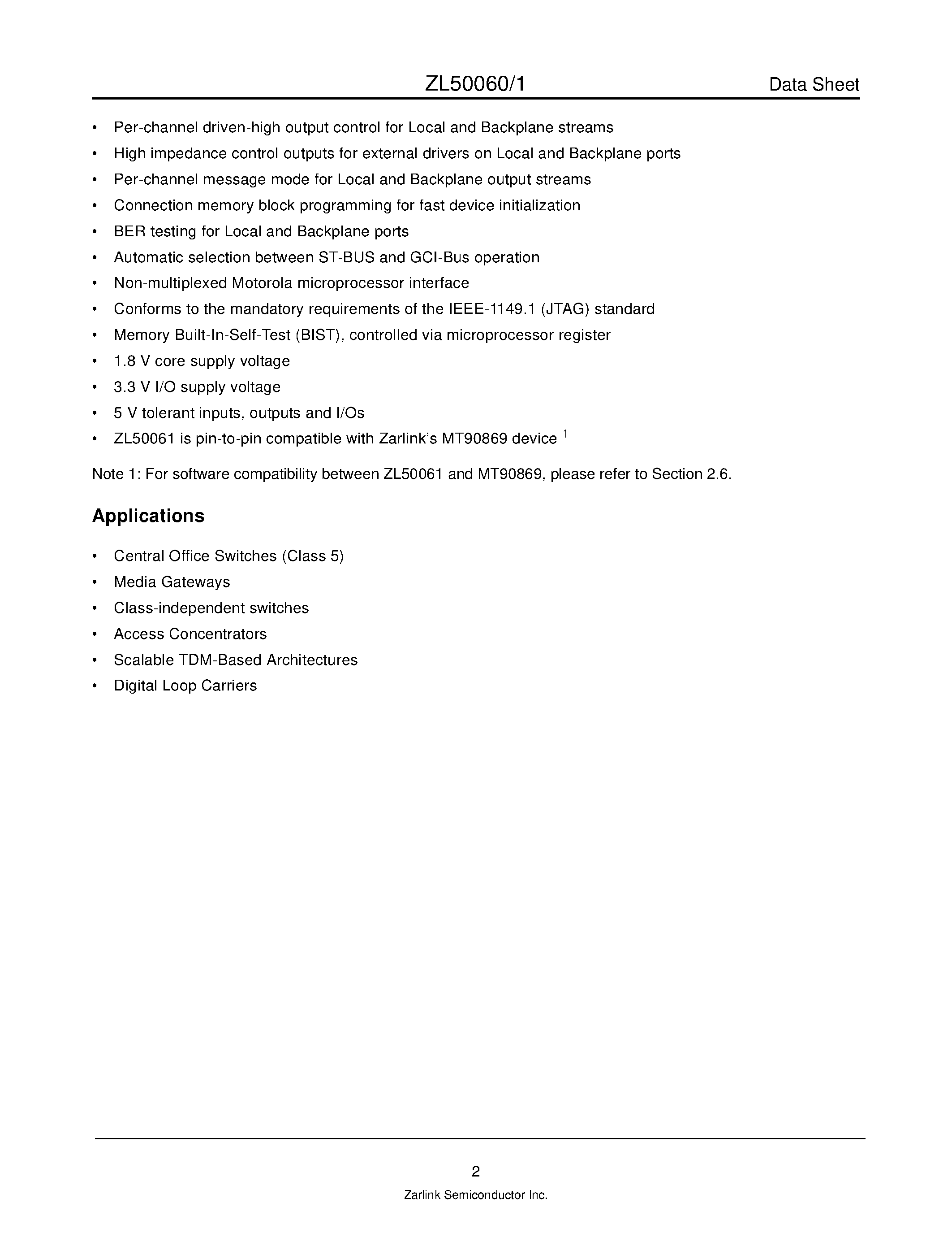 Datasheet ZL50060 page 2 Datasheet ZL50060 - (ZL50060 / ZL50061) 16 K-Channel Digital Switch page 2