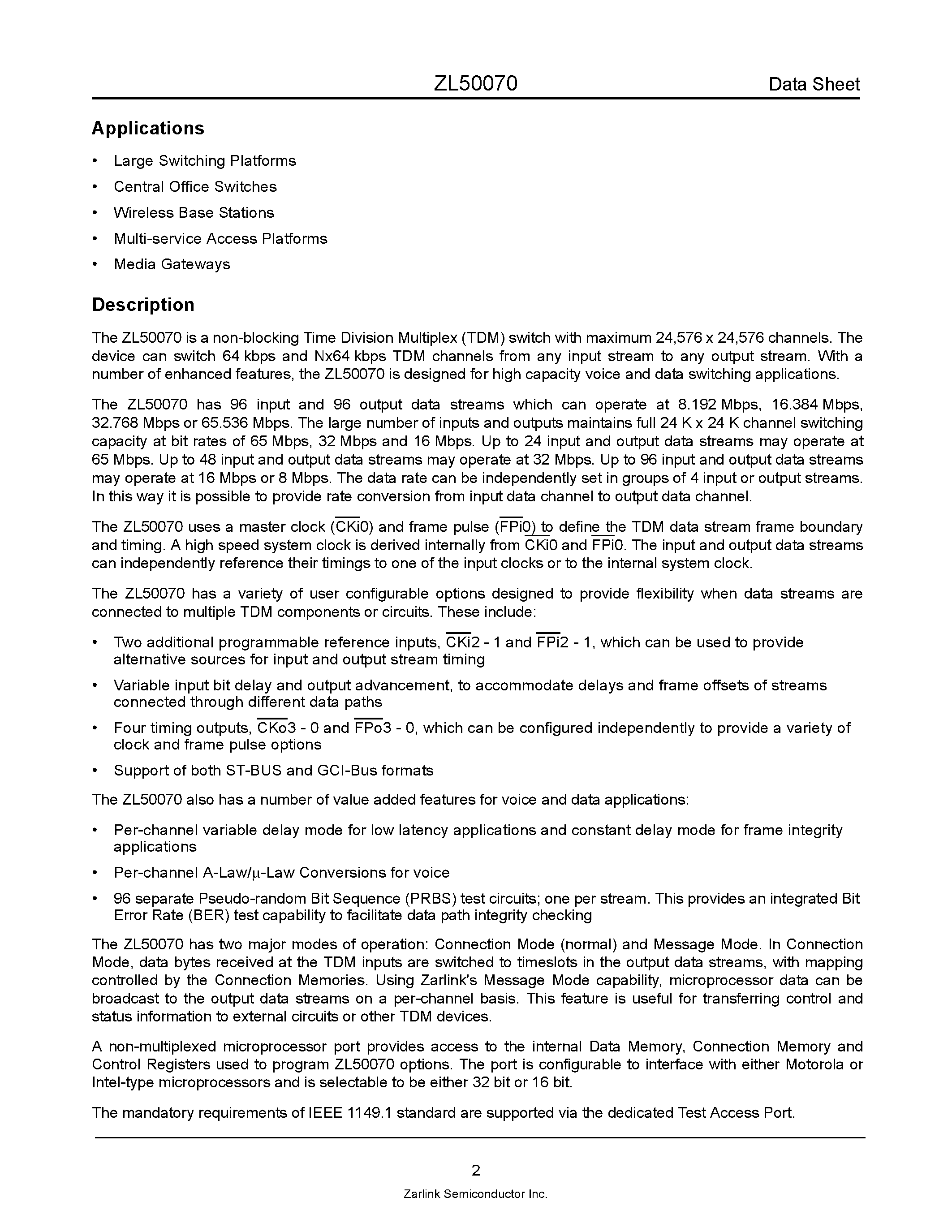 Datasheet ZL50070 - 24 K Channel Digital Switch page 2
