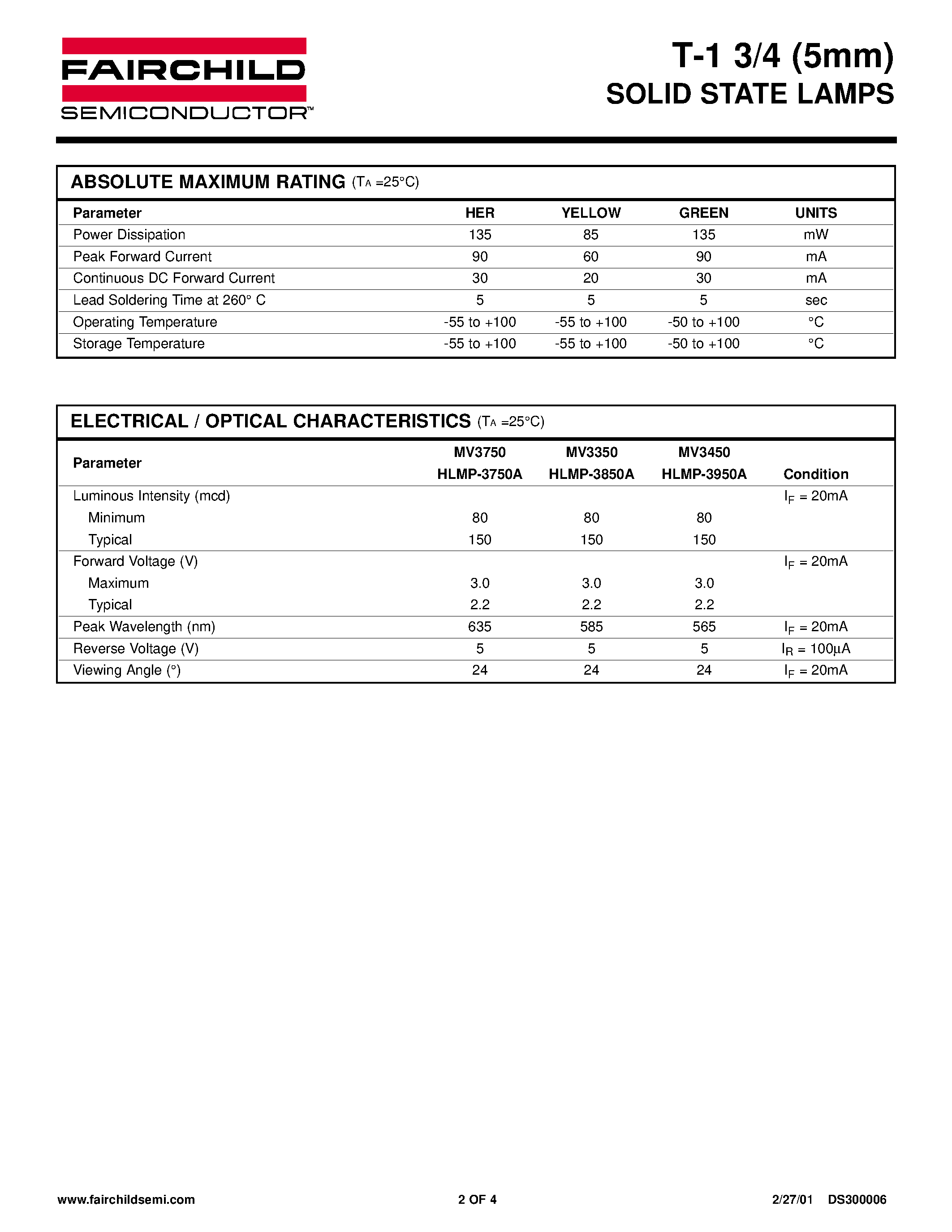 Datasheet MV3350 - SOLID STATE LAMPS page 2