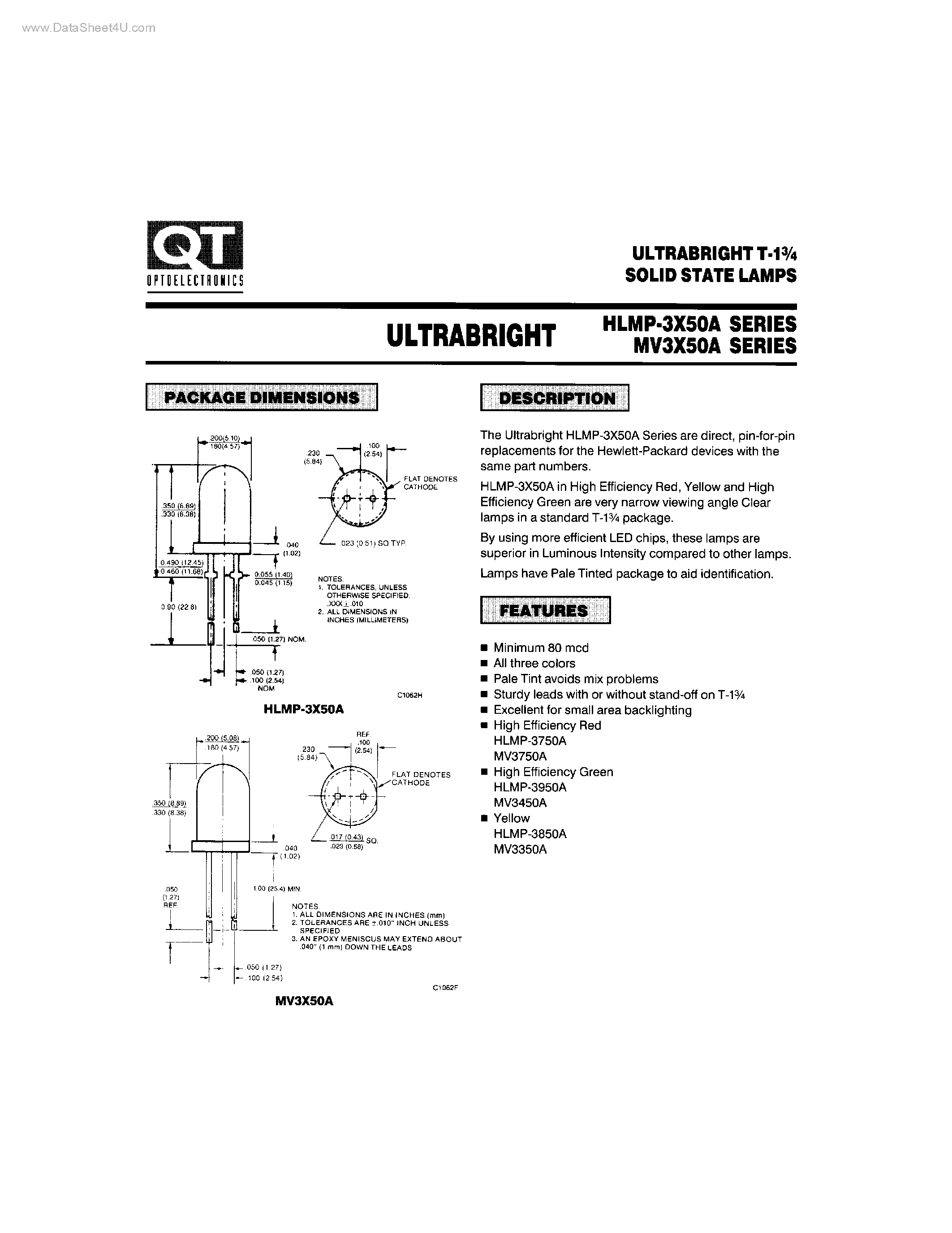 Даташит MV3450A - ULTRABRIGHT T-1 3/4 SOLID STATE LAMPS страница 1