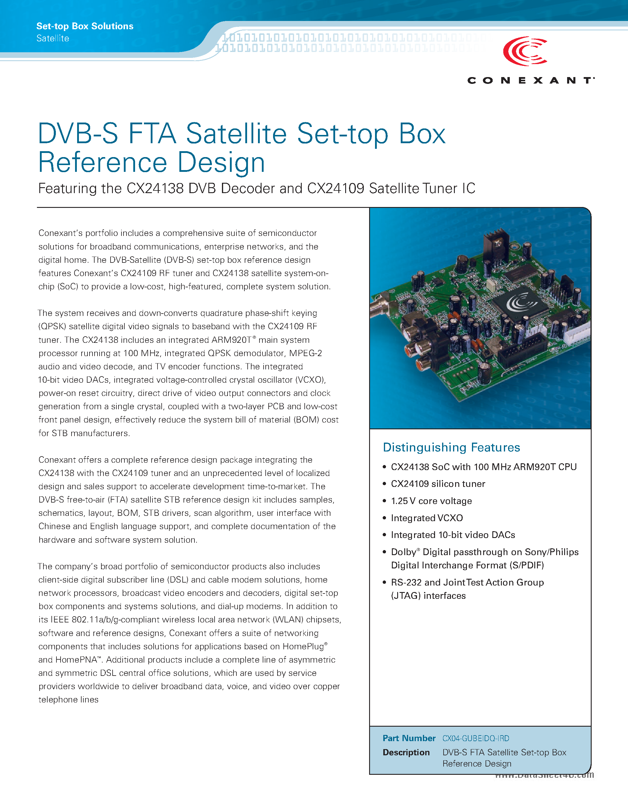 Datasheet CX24138 - DVB-S FTA Satellite Set-Top Box Reference Design page 1