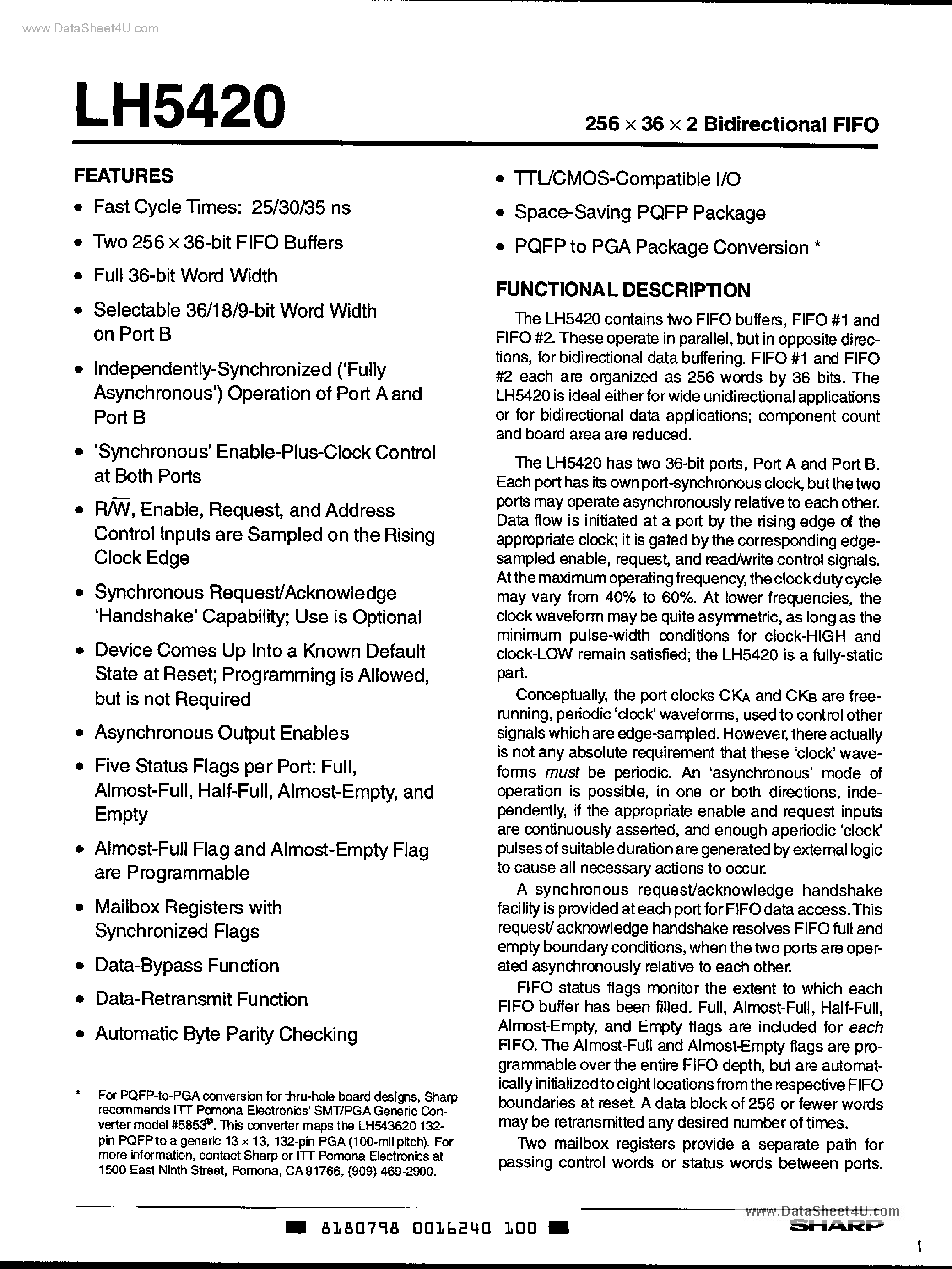 Datasheet LH5420P - 256 x 36 x 2 Bidirectional FIFO page 1