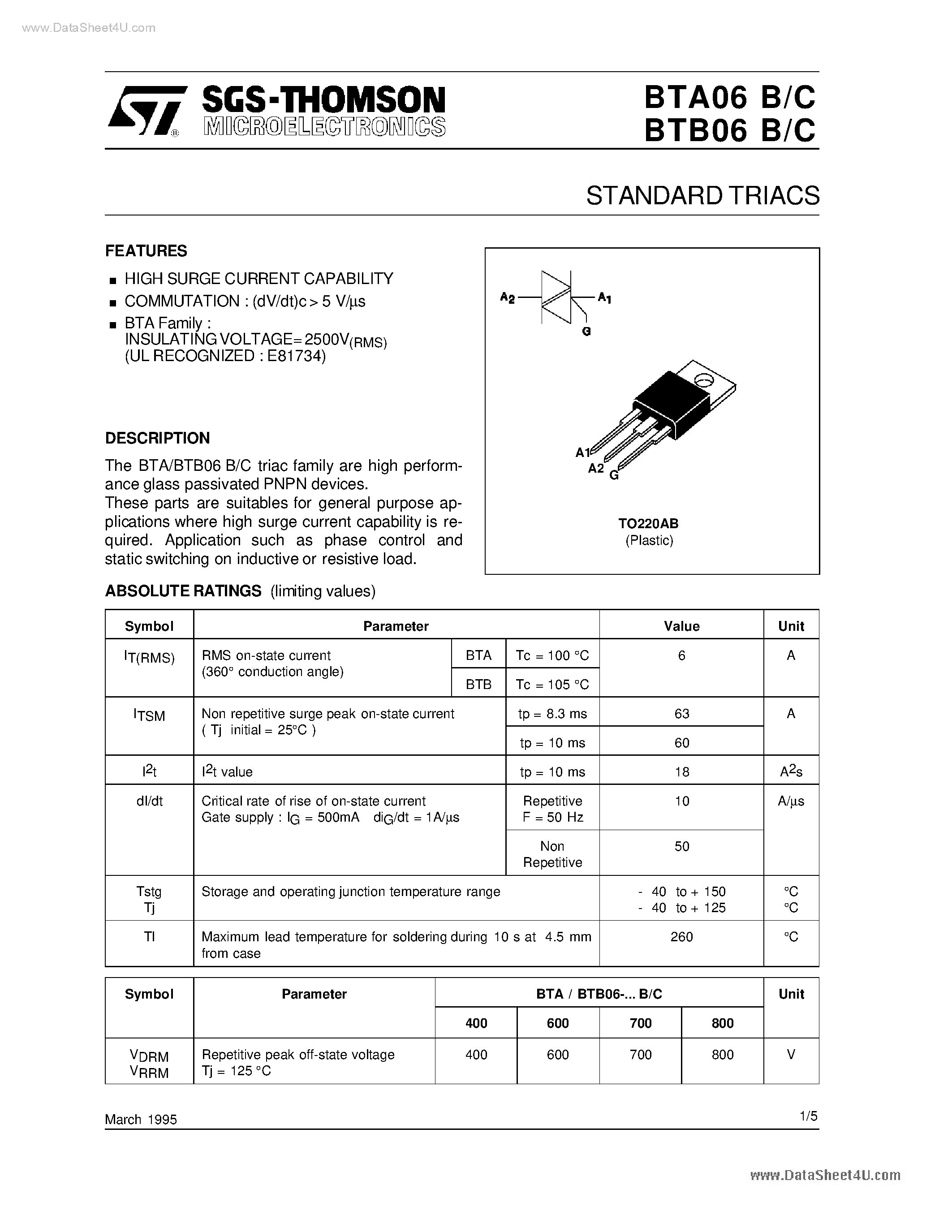 Даташит BTA06B - Standard Triacs страница 1