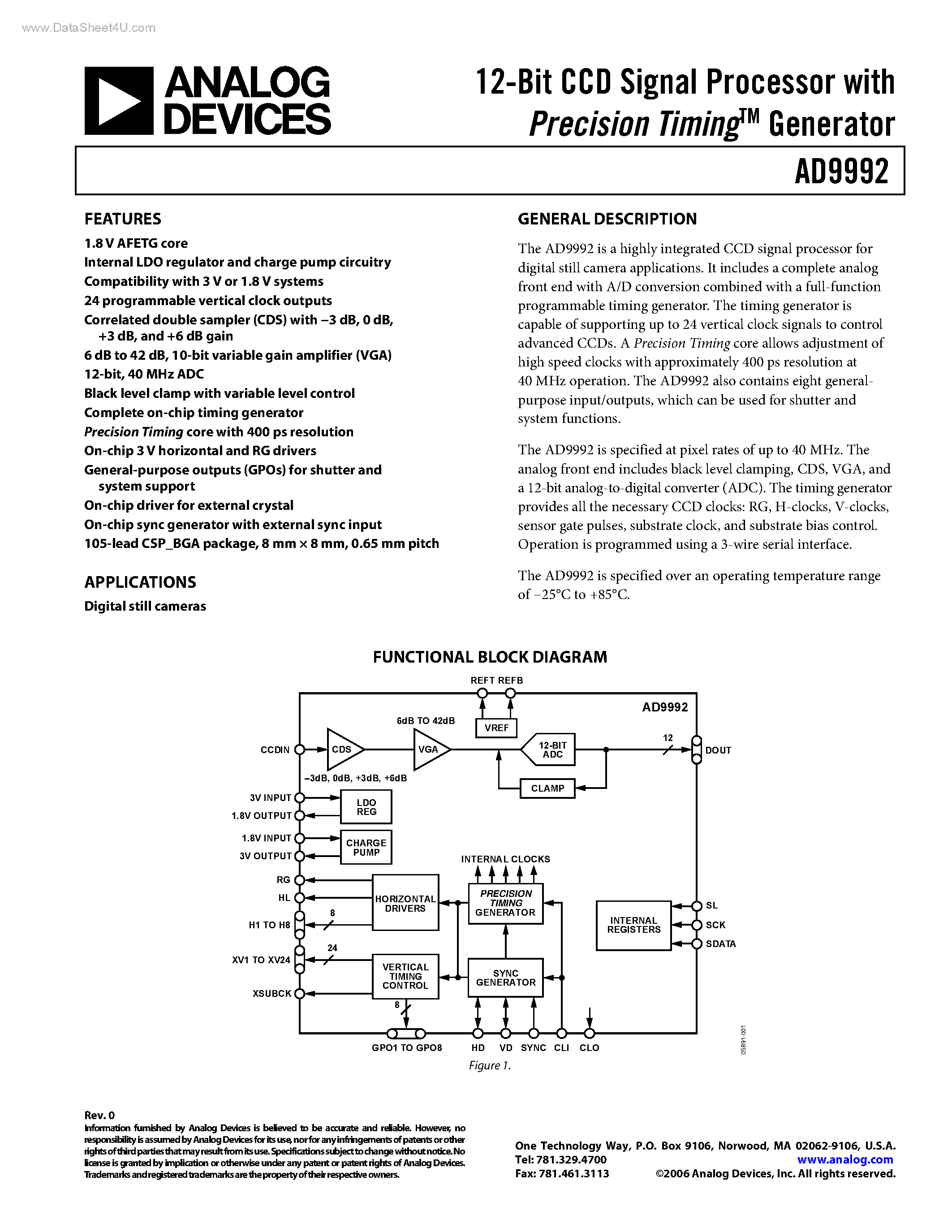 Datasheet AD9992 page 1 Datasheet AD9992 - 12-Bit CCD Signal Processor page 1