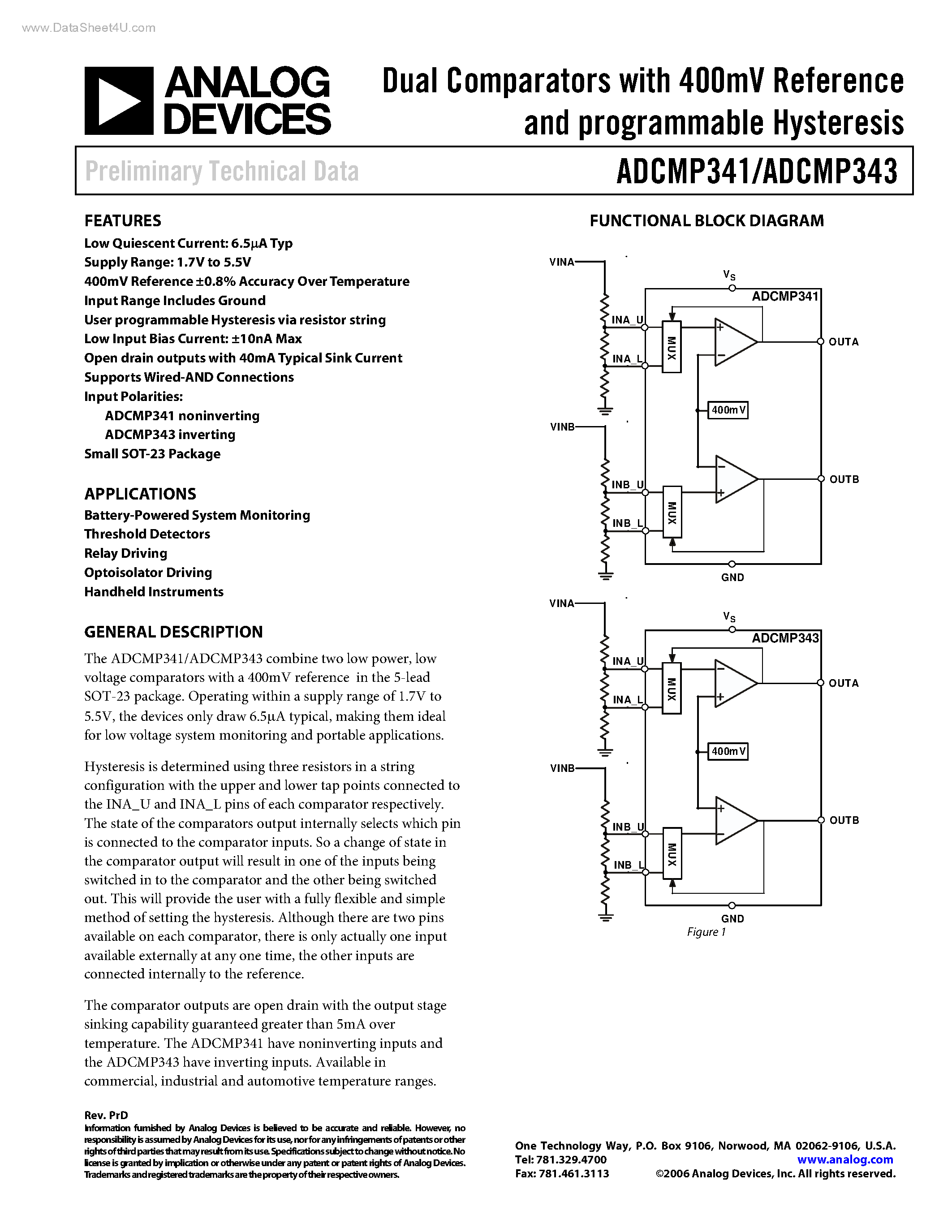 Datasheet ADCMP341 - (ADCMP341 / ADCMP343) Dual Comparators page 1