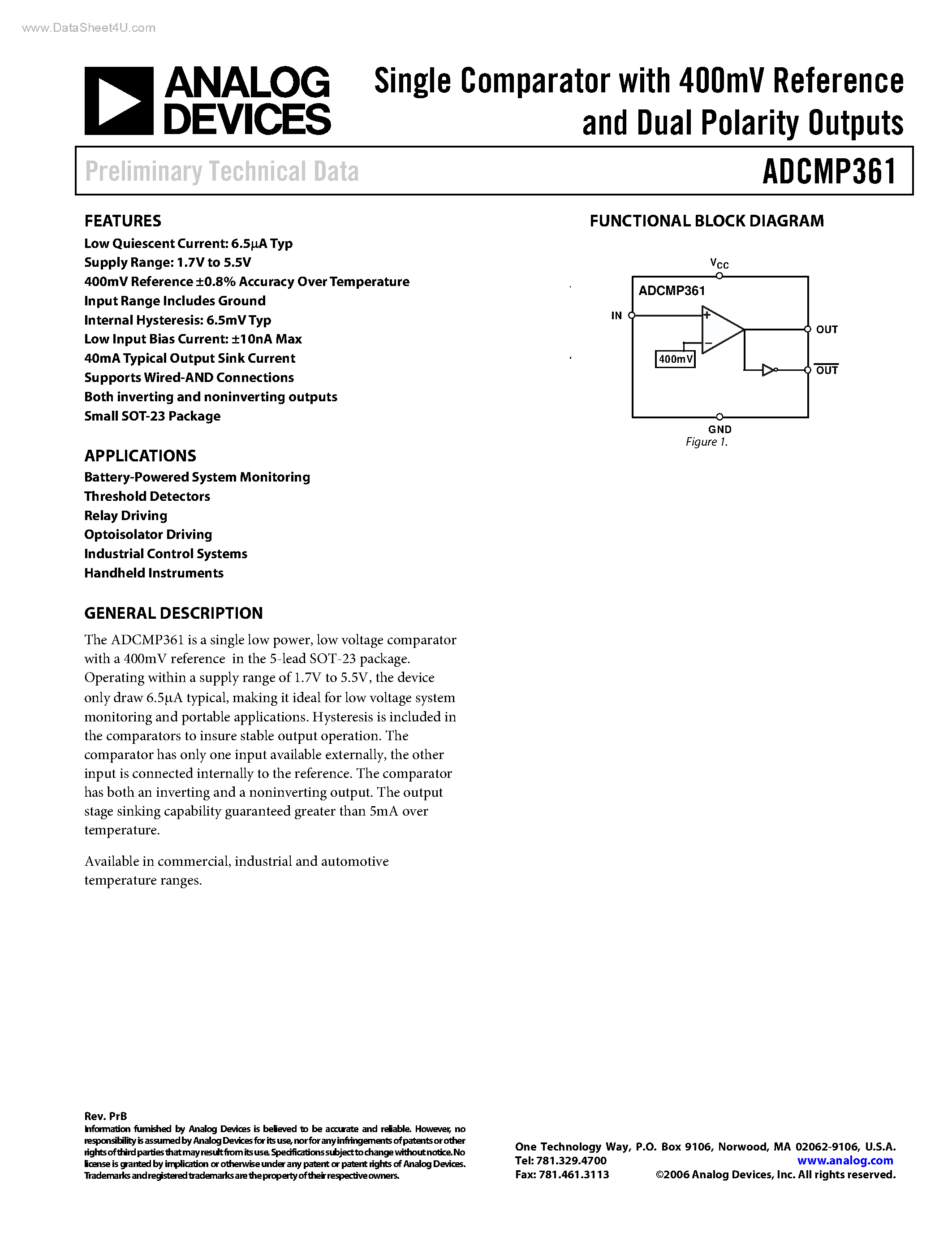 Даташит на микросхему ADCMP361 страница 1 Даташит ADCMP361 - Single Comparator страница 1