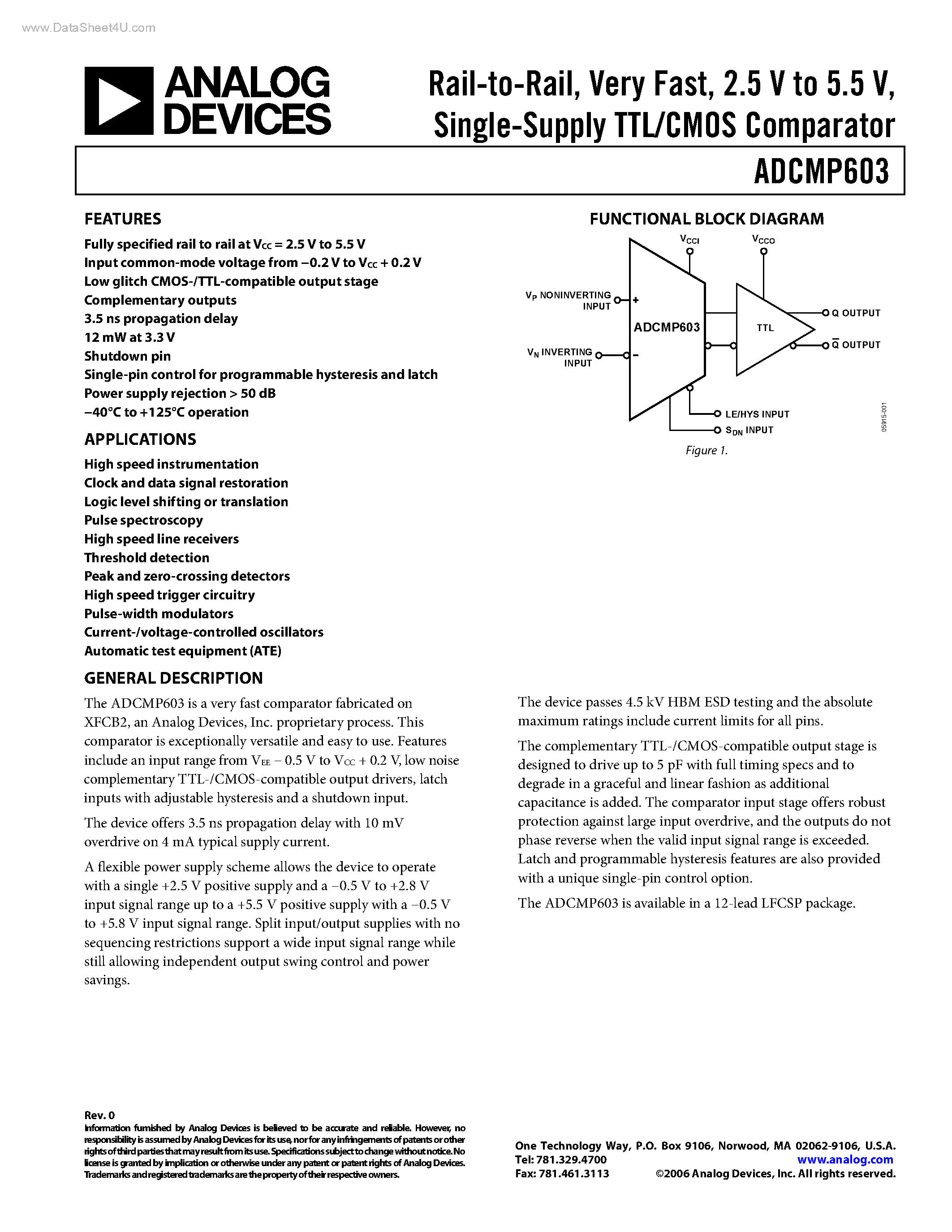 Datasheet ADCMP603 - Single-Supply TTL/CMOS Comparator page 1