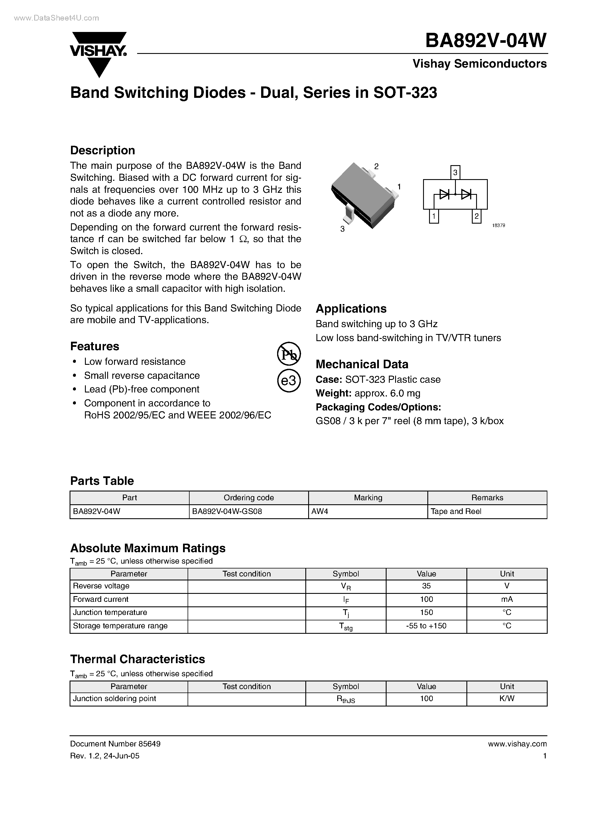 Даташит на микросхему BA892V-04W страница 1 Даташит BA892V-04W - Band Switching Diodes страница 1
