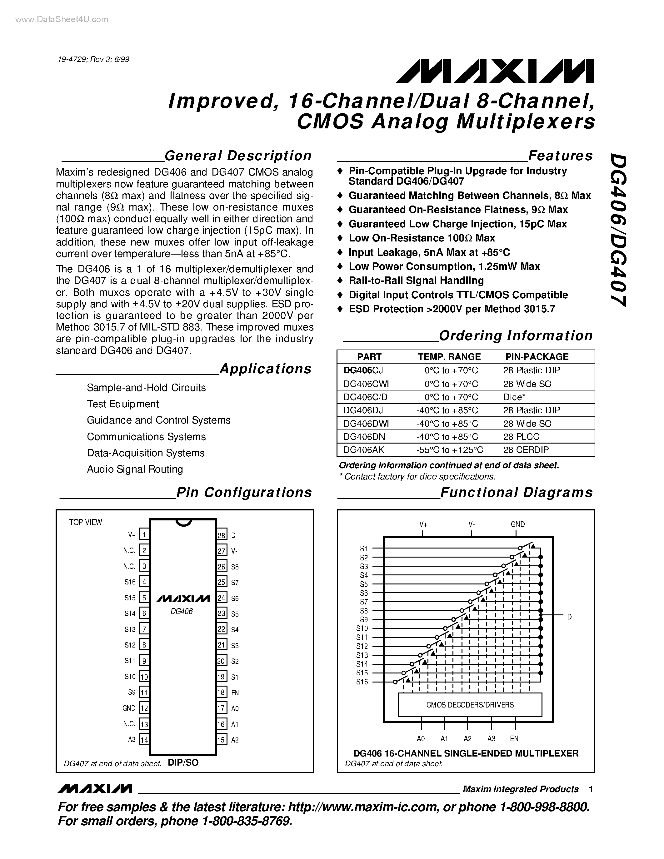 Datasheet DG406 - (DG406 / DG407) iMPROVED / 8-cHANNEL/dUAL 4-cHANNEL / cmos aNALOG mULTIPLEXERS page 1