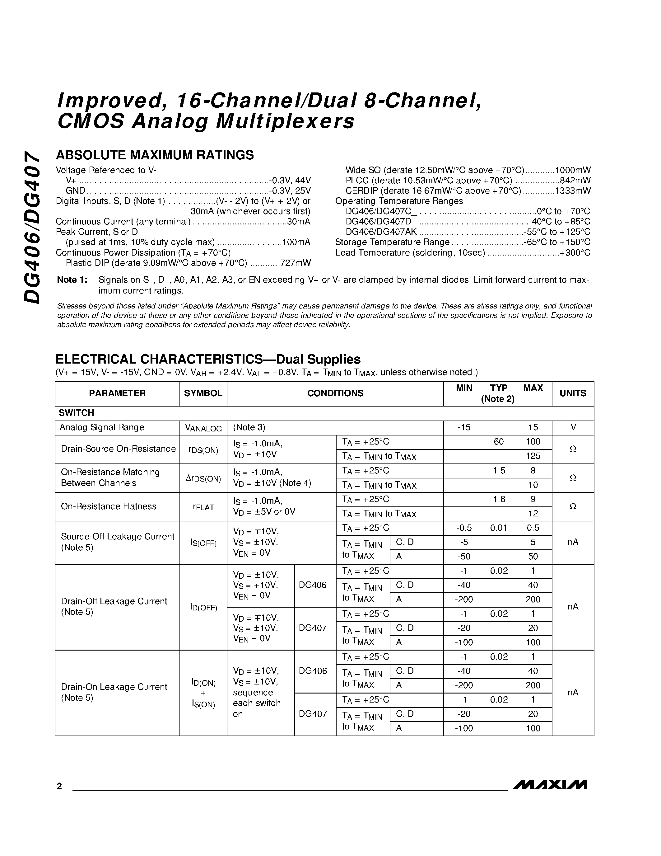 Datasheet DG406 - (DG406 / DG407) iMPROVED / 8-cHANNEL/dUAL 4-cHANNEL / cmos aNALOG mULTIPLEXERS page 2