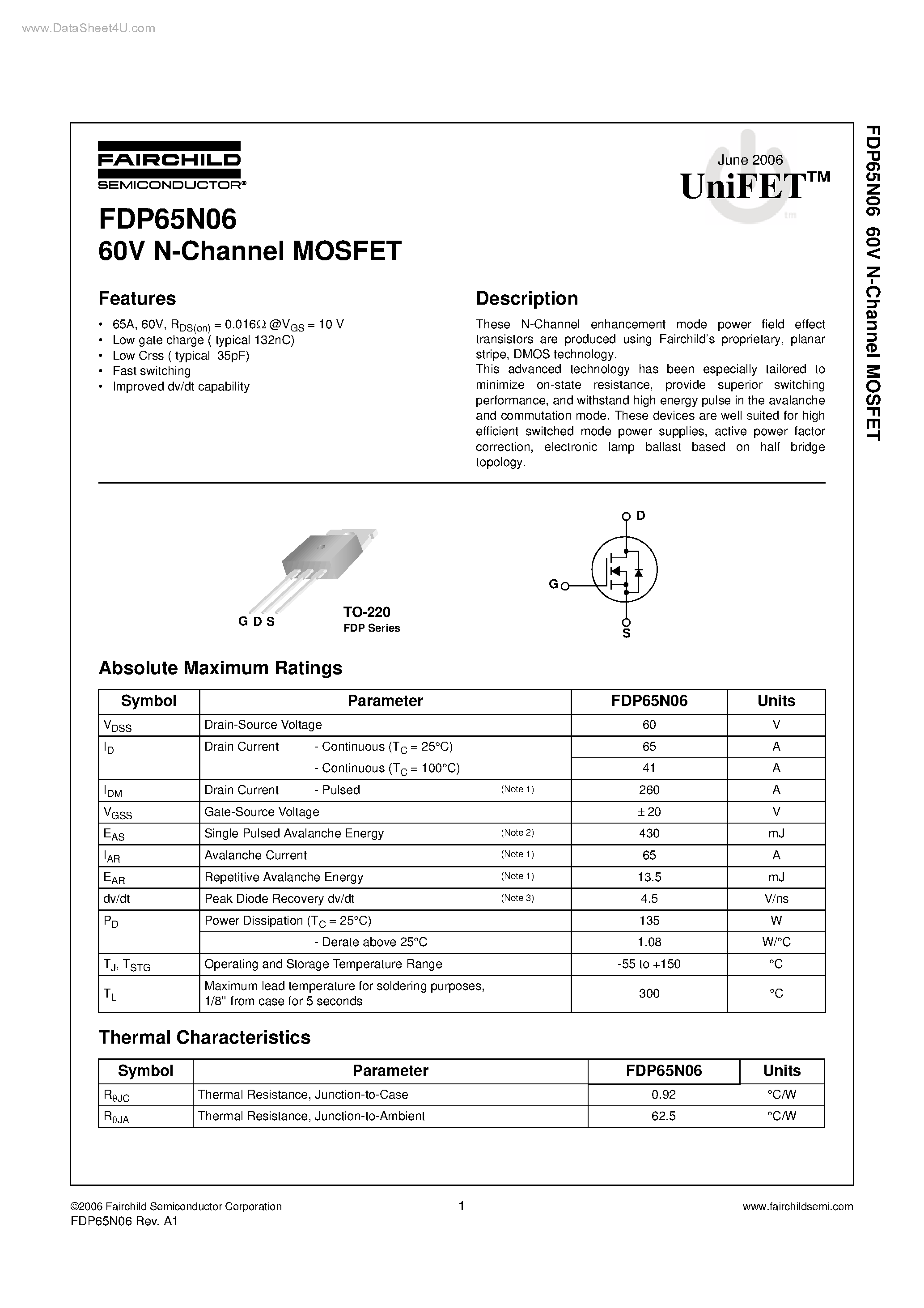 Datasheet FDP65N06 - N-Channel MOSFET page 1