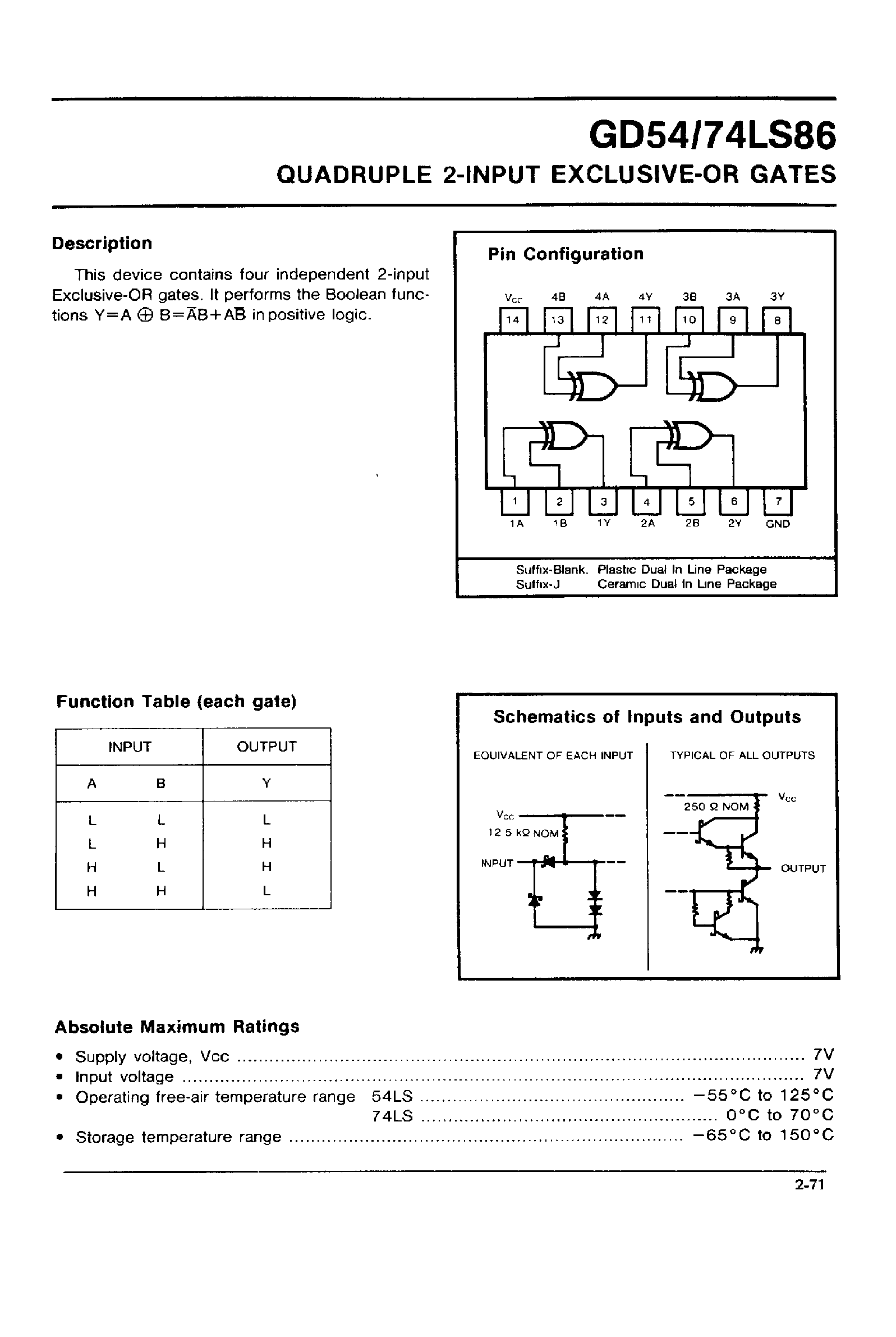 Даташит на микросхему GD54LS86 страница 1 Даташит GD54LS86 - QUADRUPLE 2-INPUT EXCLUSIVE-OR GATES страница 1