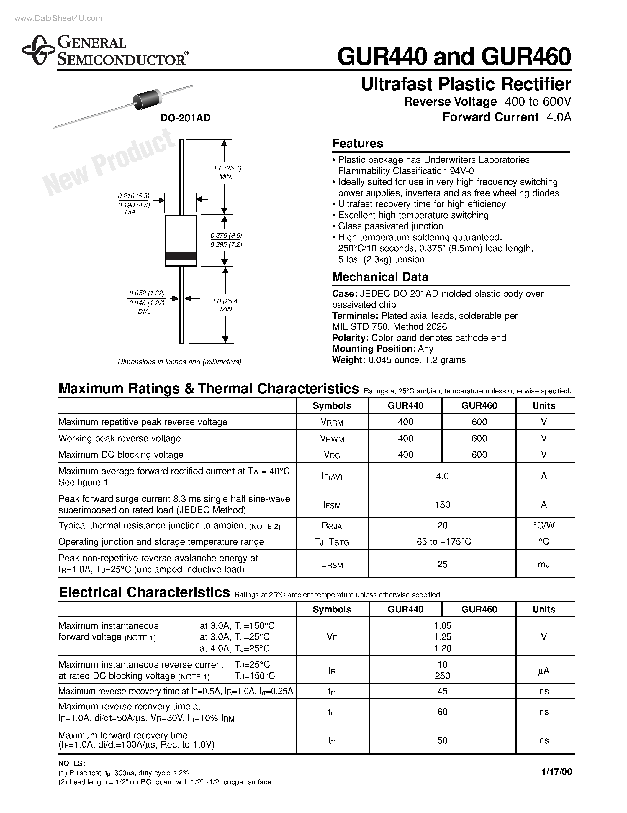 Datasheet GUR440 - (GUR440 / GUR460) Ultrafast Plastic Rectifier page 1