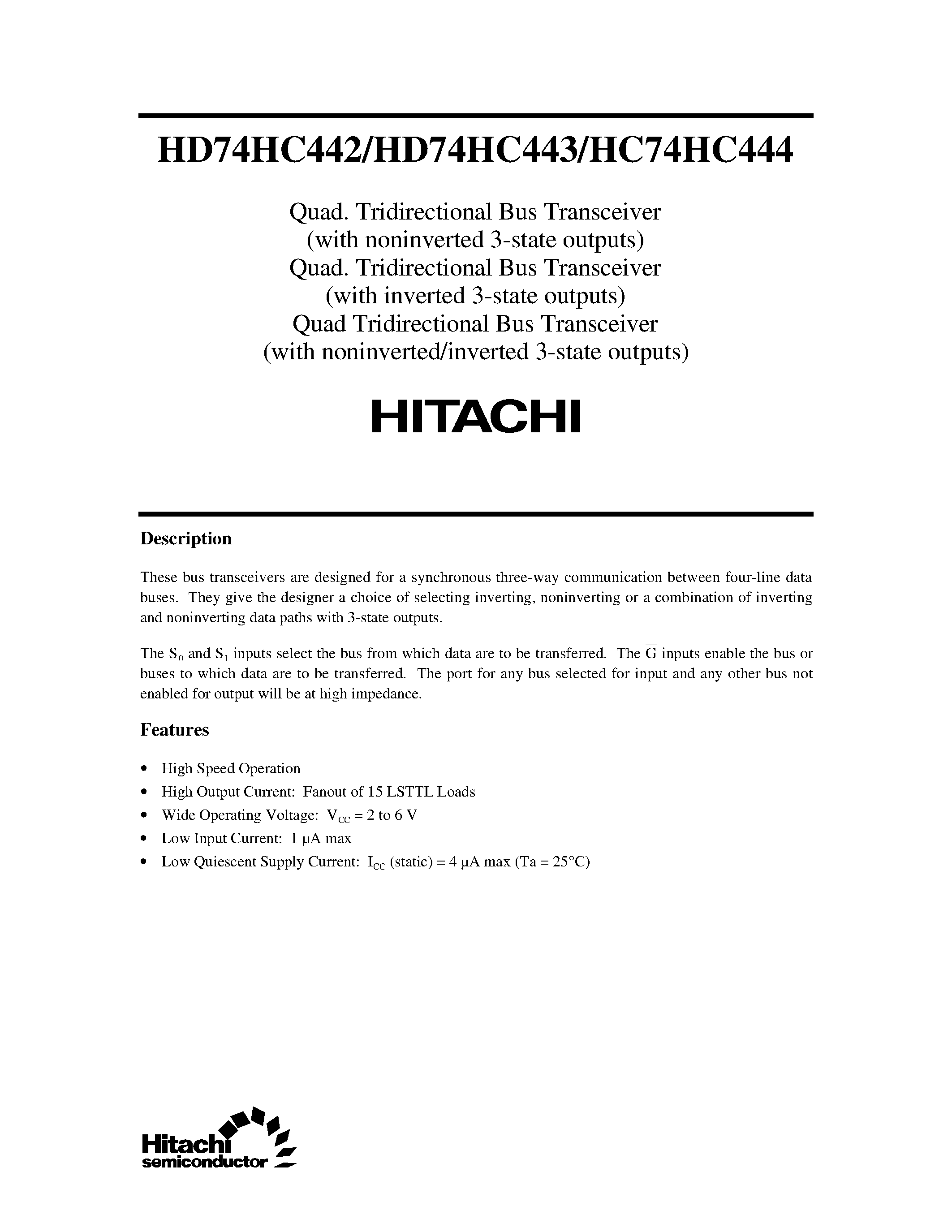 Даташит HD74HC442 - (HD74HC442 - HD74HC444) Quad. Tridirectional Bus Transceiver(with noninverted/inverted 3-state outputs) страница 1