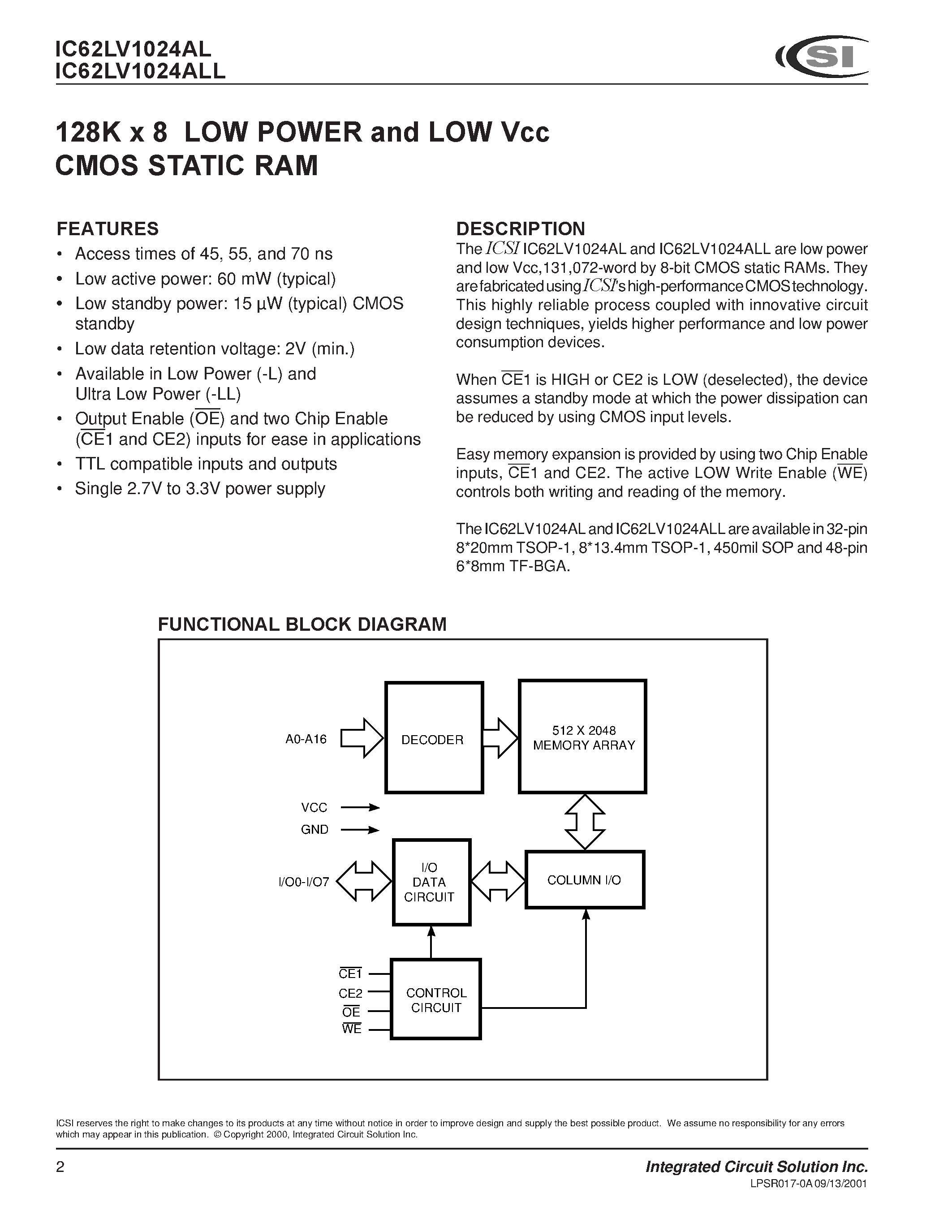 Даташит на микросхему IC62LV1024AL страница 2 Даташит IC62LV1024AL - 128K x 8 Ultra Low Power and Low VCC SRAM страница 2