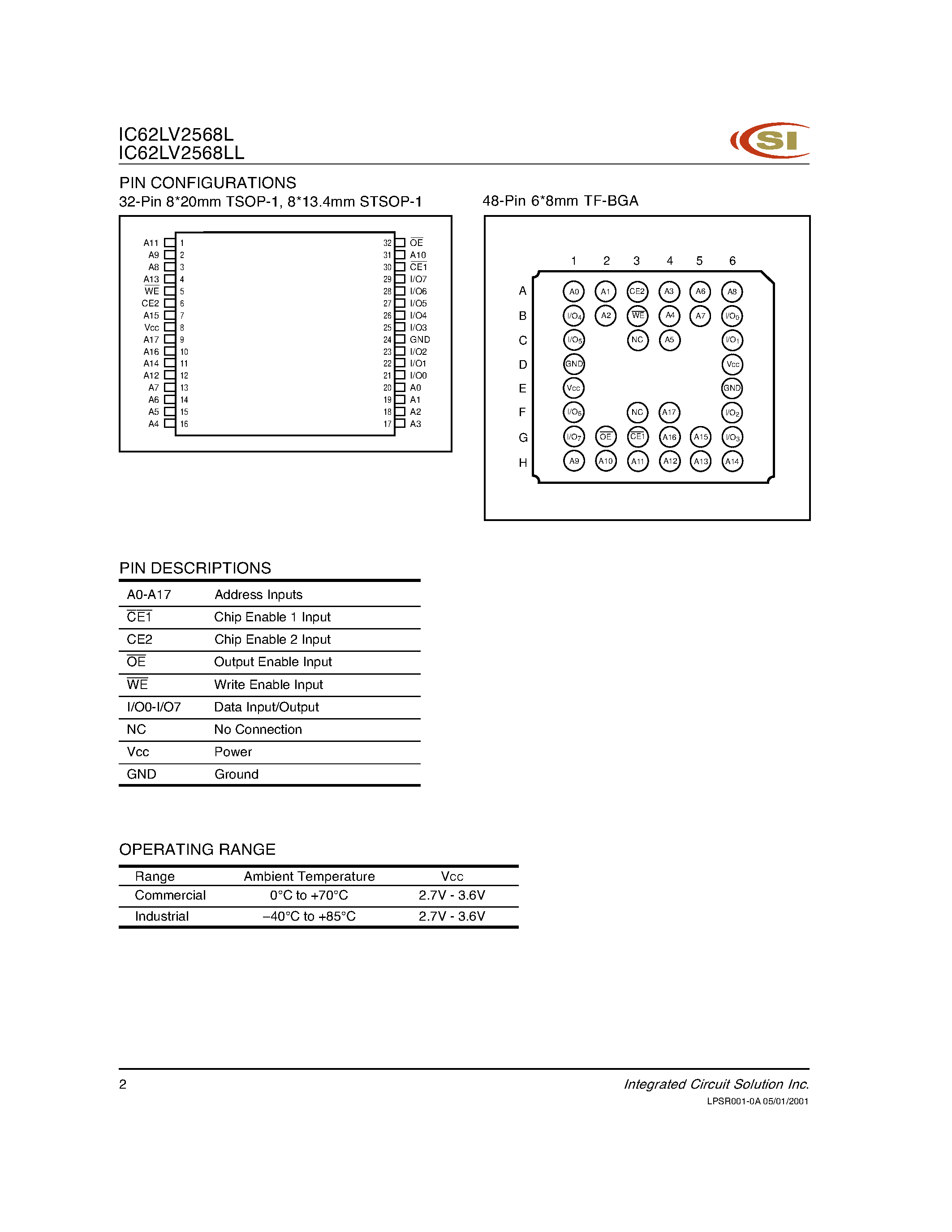 Даташит на микросхему IC62LV2568L страница 2 Даташит IC62LV2568L - 256K x 8 LOW POWER AND LOW Vcc CMOS STATIC RAM страница 2