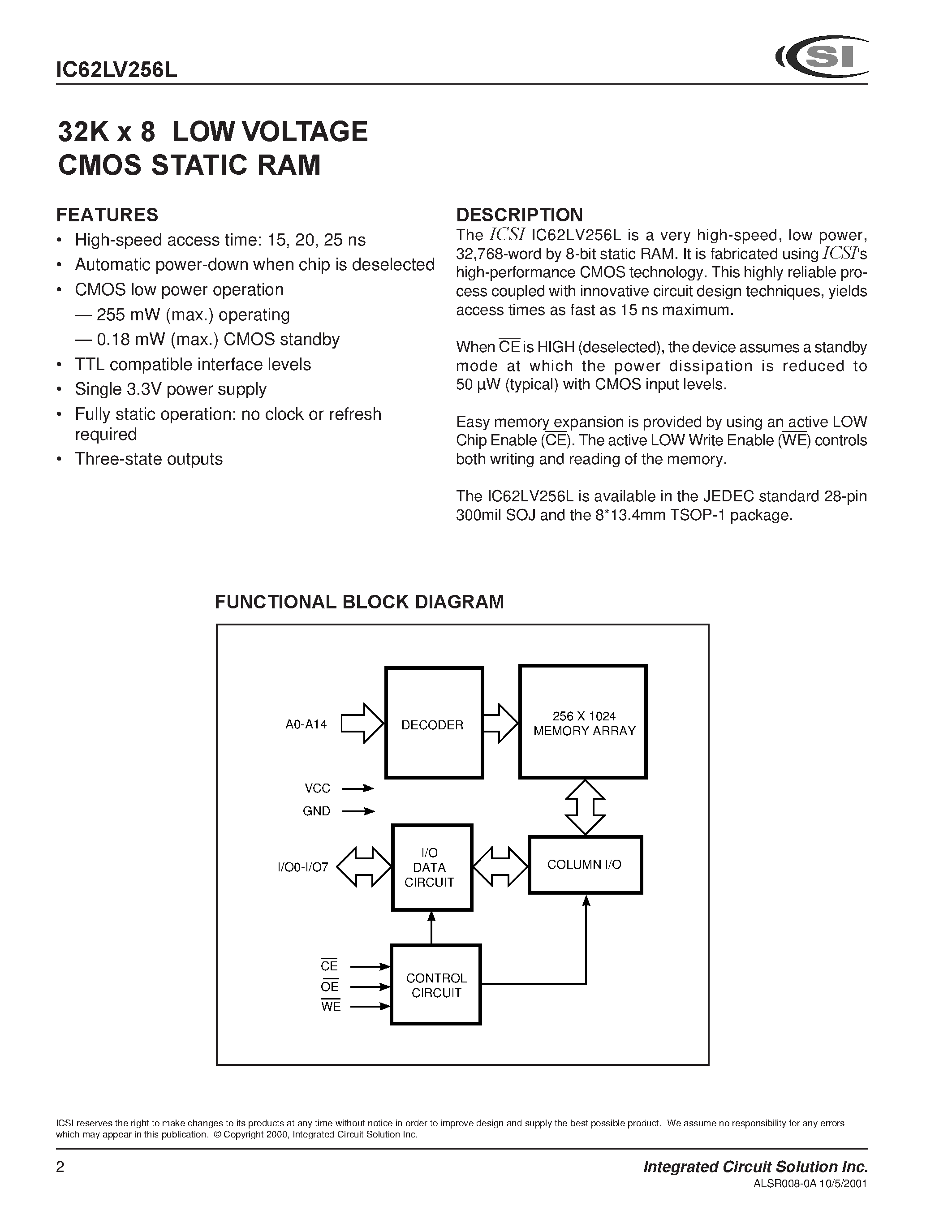 Даташит на микросхему IC62LV256L страница 2 Даташит IC62LV256L - 32K x 8 Low Power SRAM страница 2