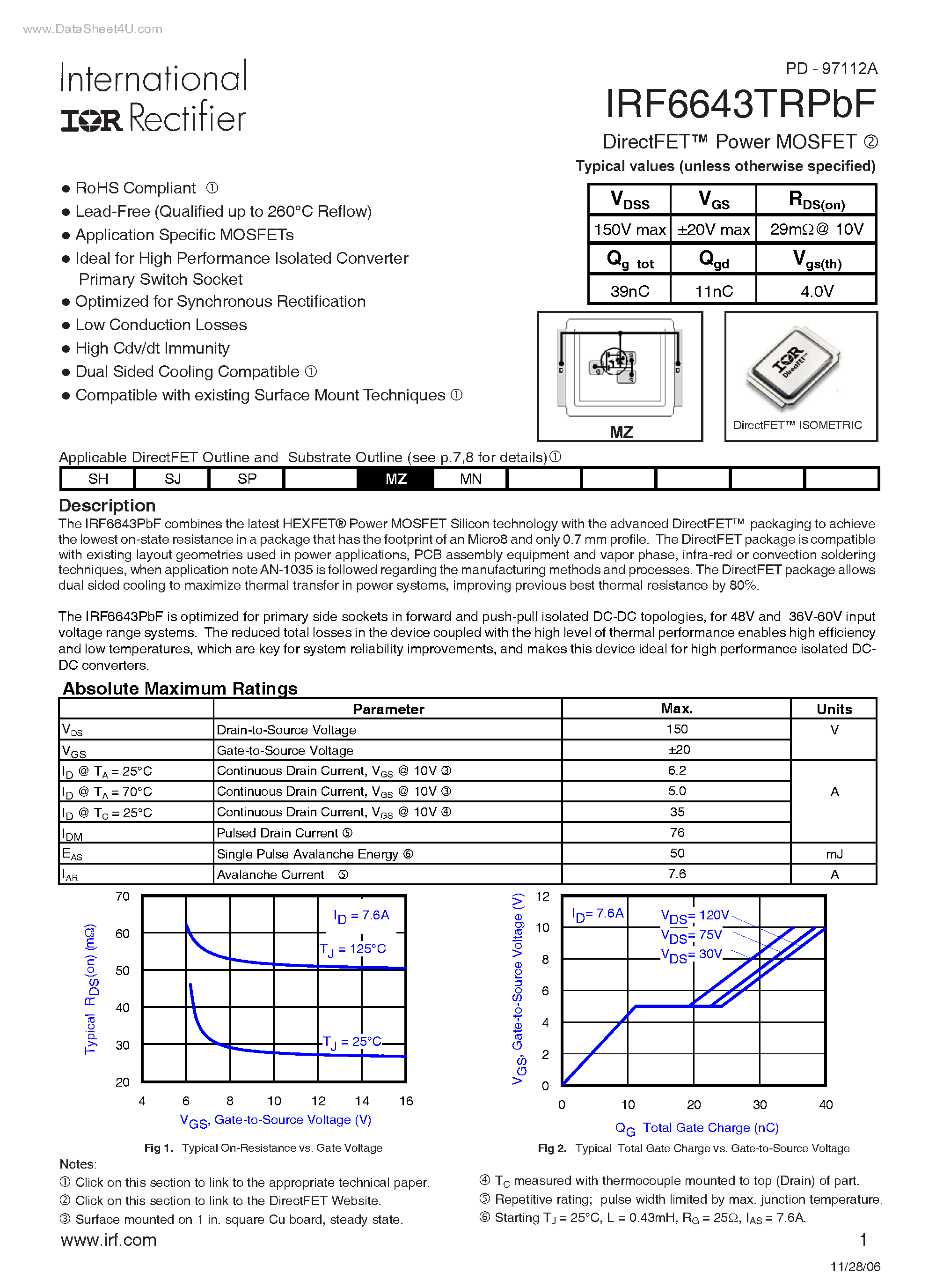 Datasheet IRF6643TRPBF - DirectFET Power MOSFET page 1