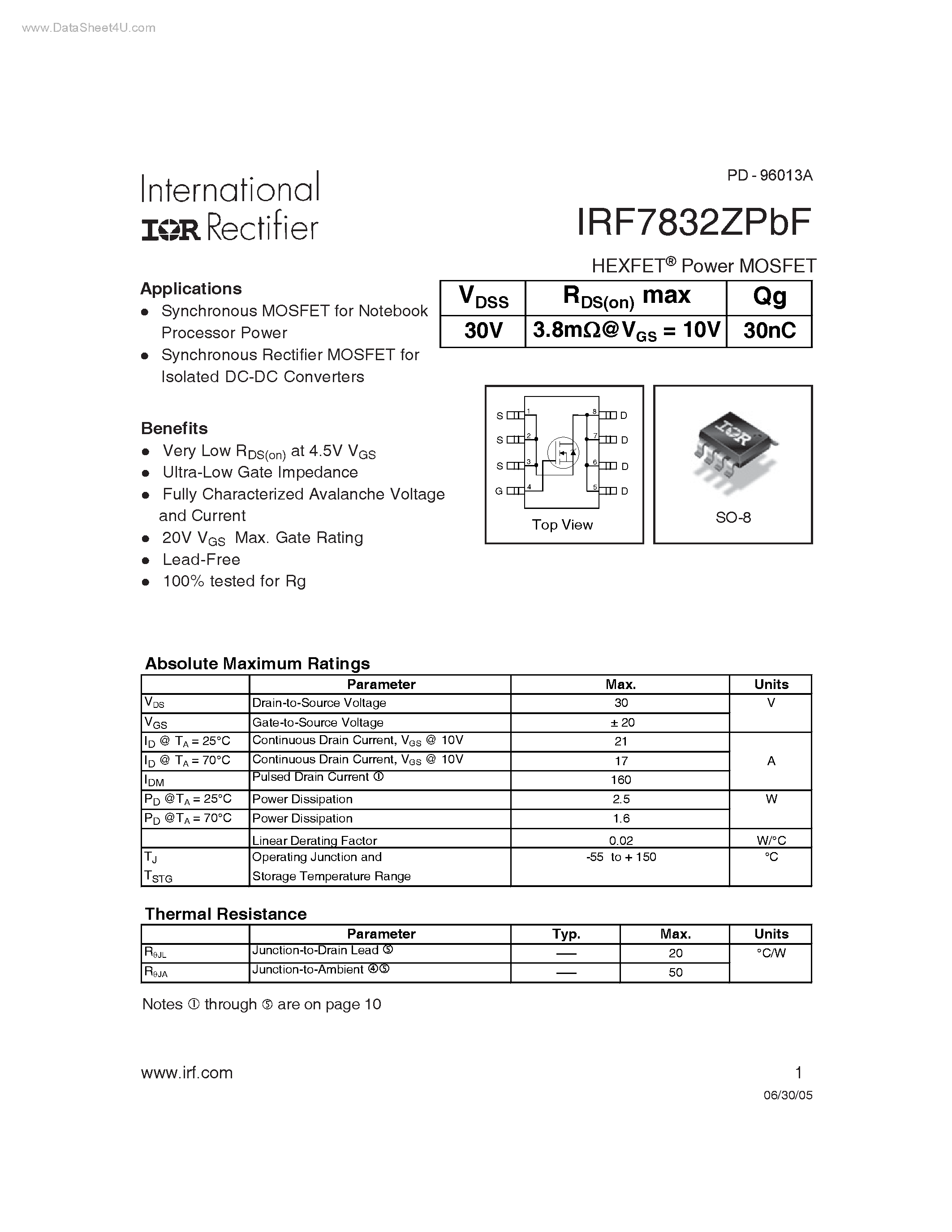 Datasheet IRF7832ZPBF - HEXFET Power MOSFET page 1
