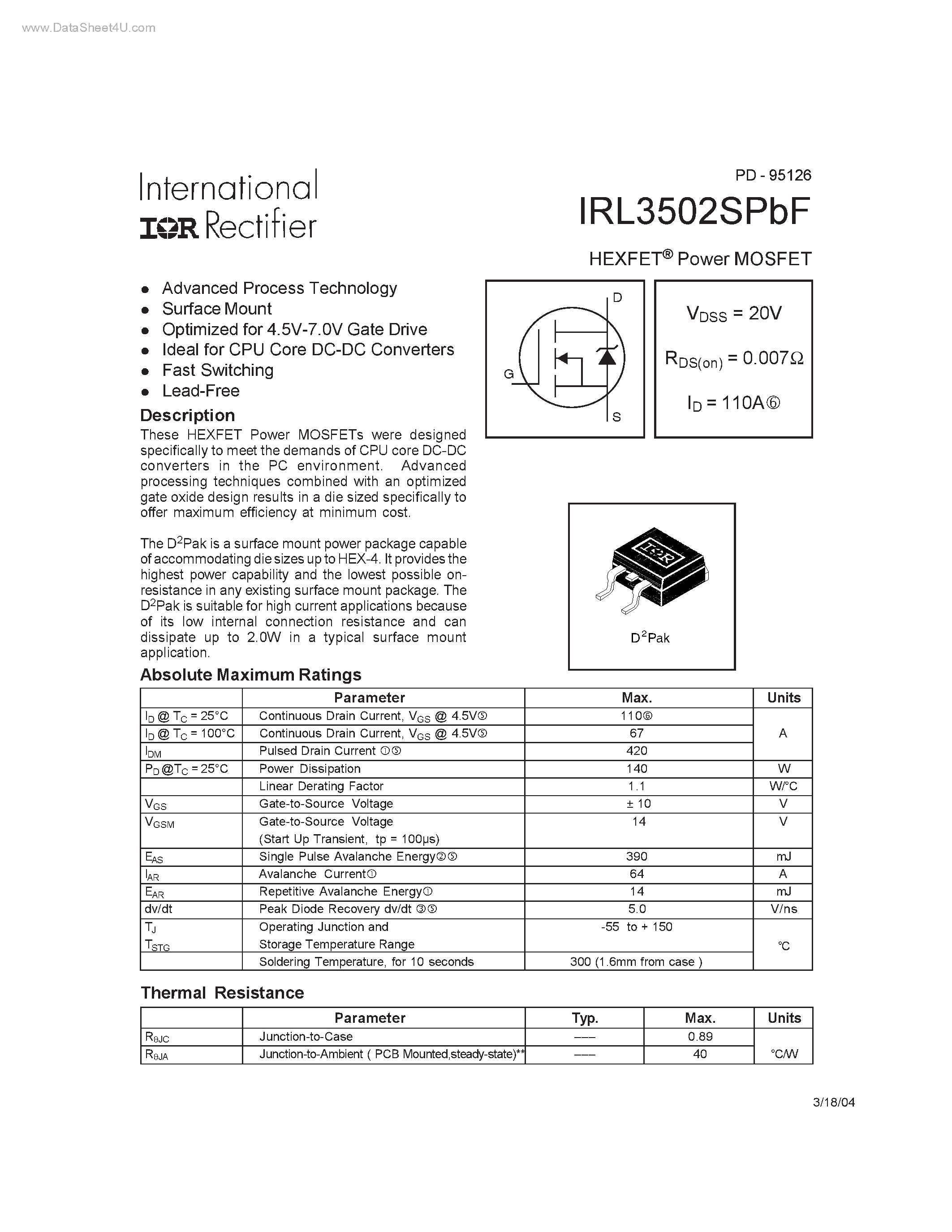 Datasheet IRL3502SPBF - HEXFET Power MOSFET page 1
