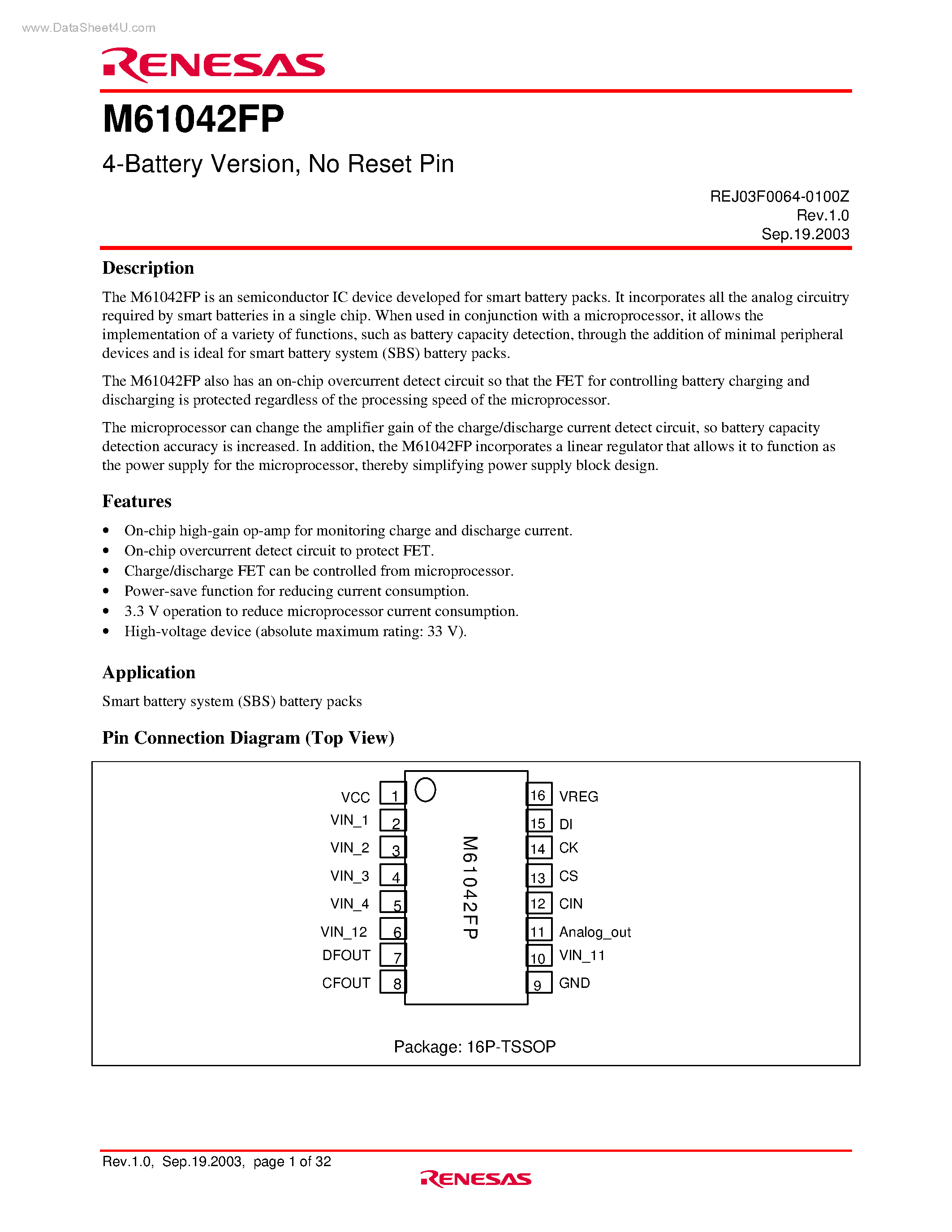 Datasheet M61042FP - 4-Battery Version / No Reset Pin page 1