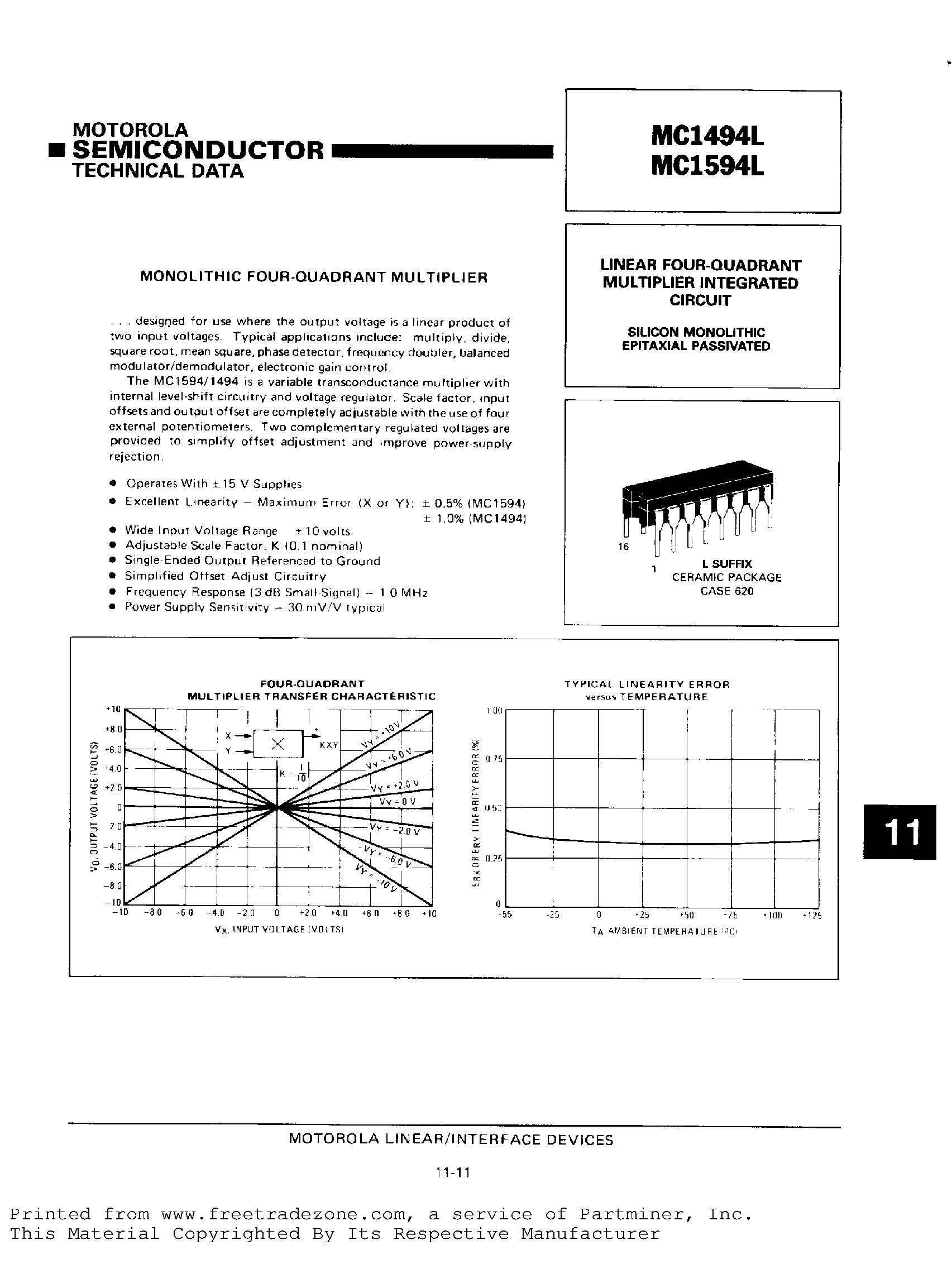 Даташит на микросхему MC1494L страница 1 Даташит MC1494L - (MC1494L / MC1594L) MONOLITHIC FOUR-QUADRANT MULTIPLIER страница 1