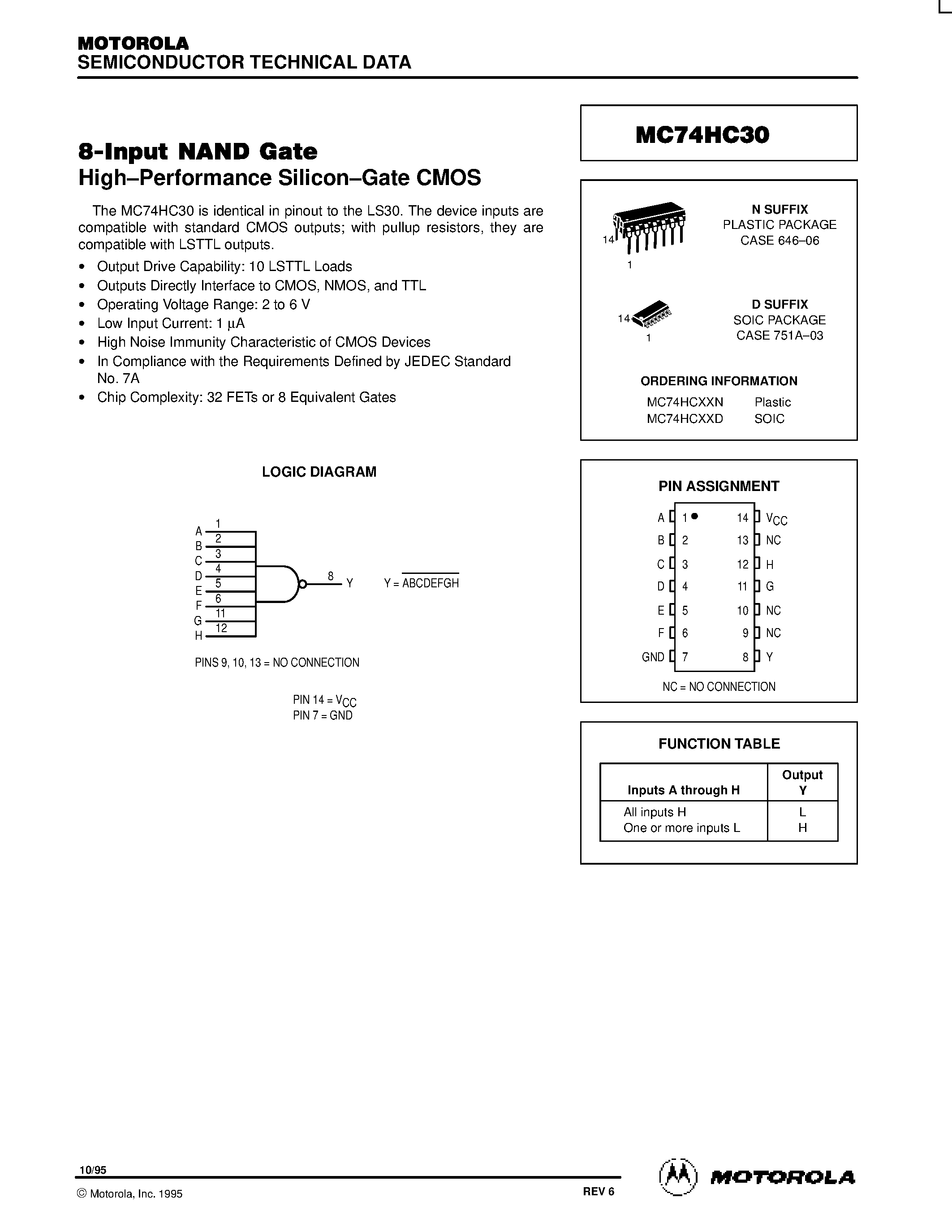 Даташит MC74HC30 - 8-Input NAND Gate High-Performance Silicon-Gate CMOS страница 1