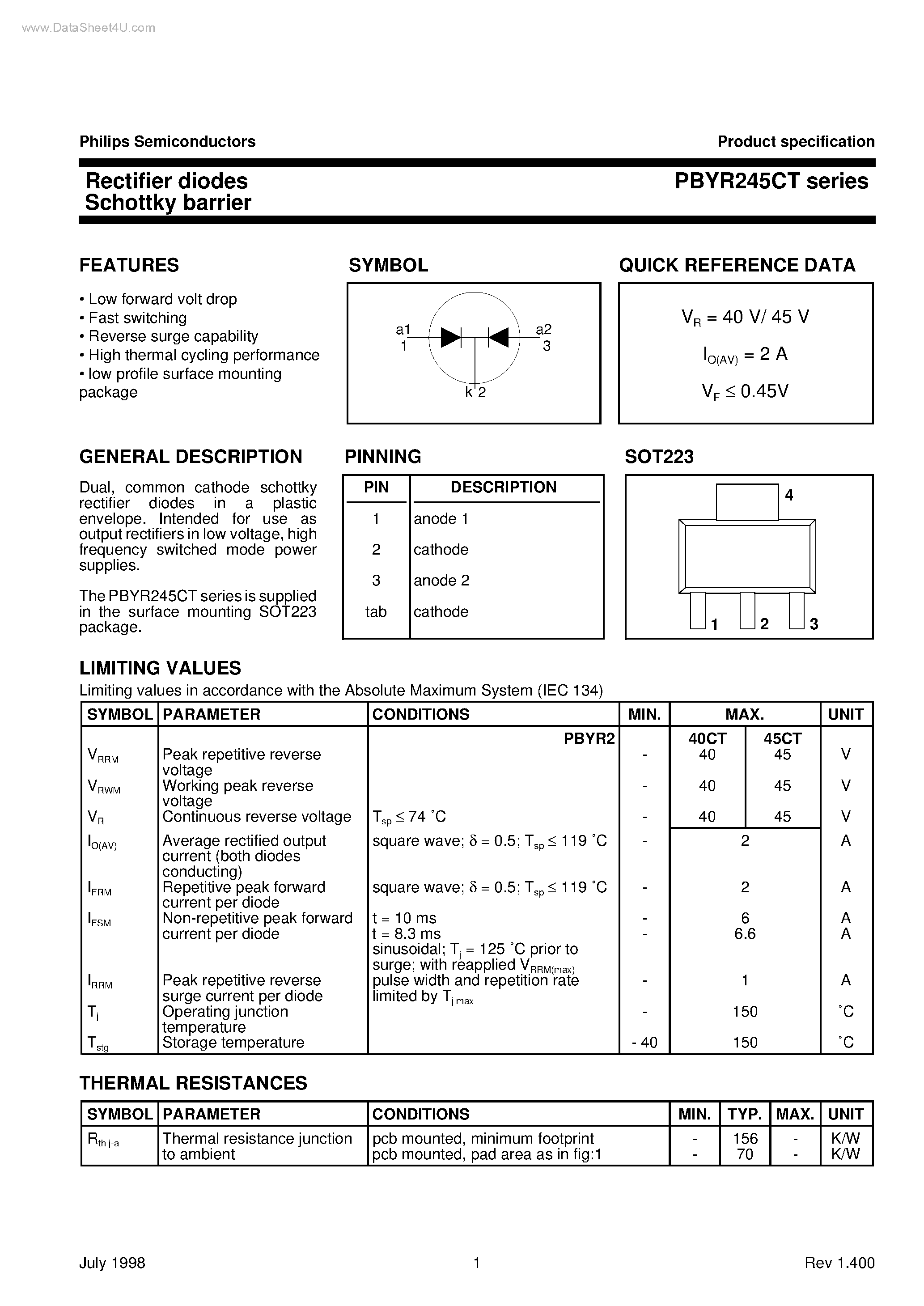 Даташит PBYR235CT - Rectifier diodes Schottky barrier страница 1