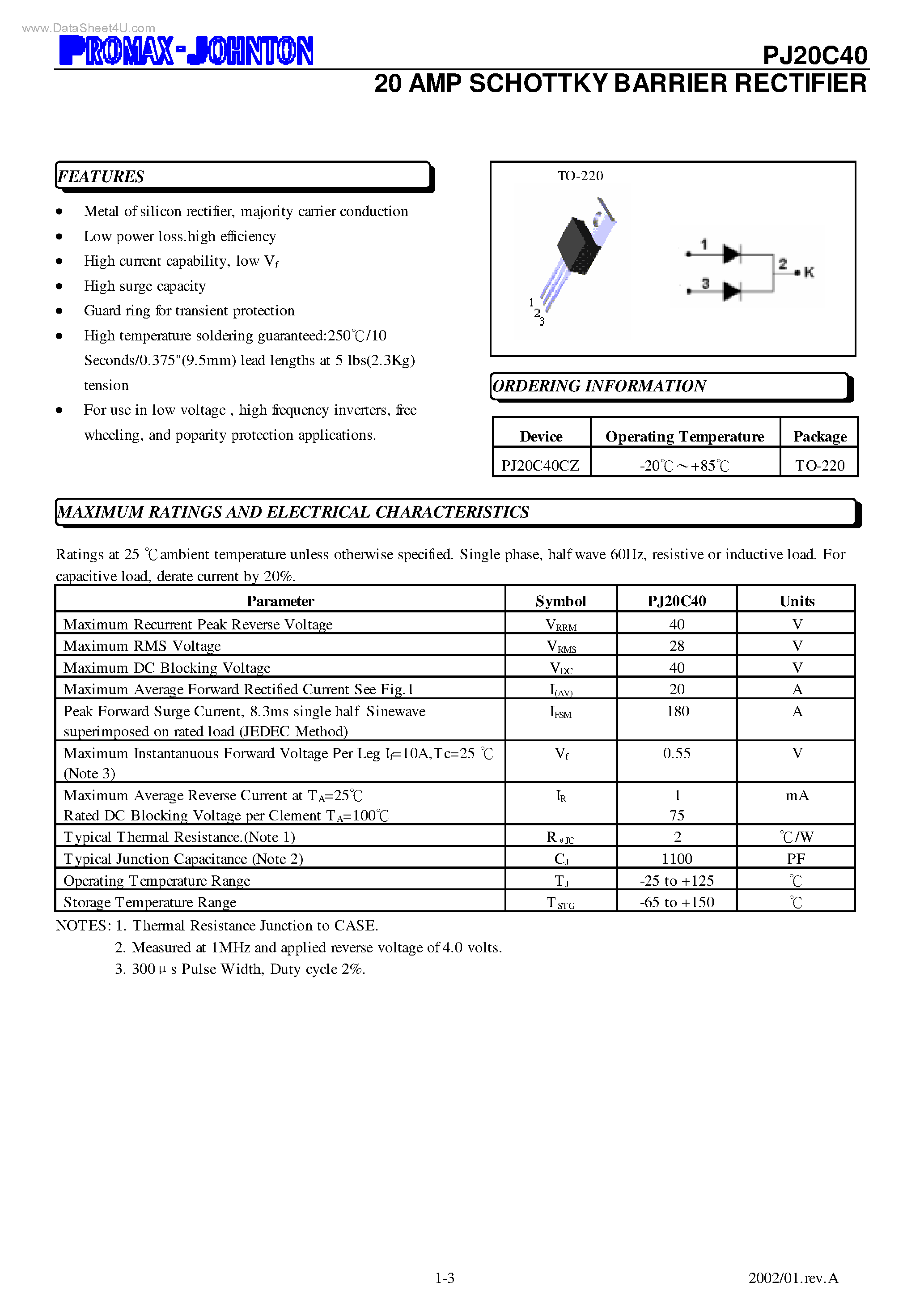 Даташит PJ20C40 - 20 AMP SCHOTTKY BARRIER RECTIFIER страница 1