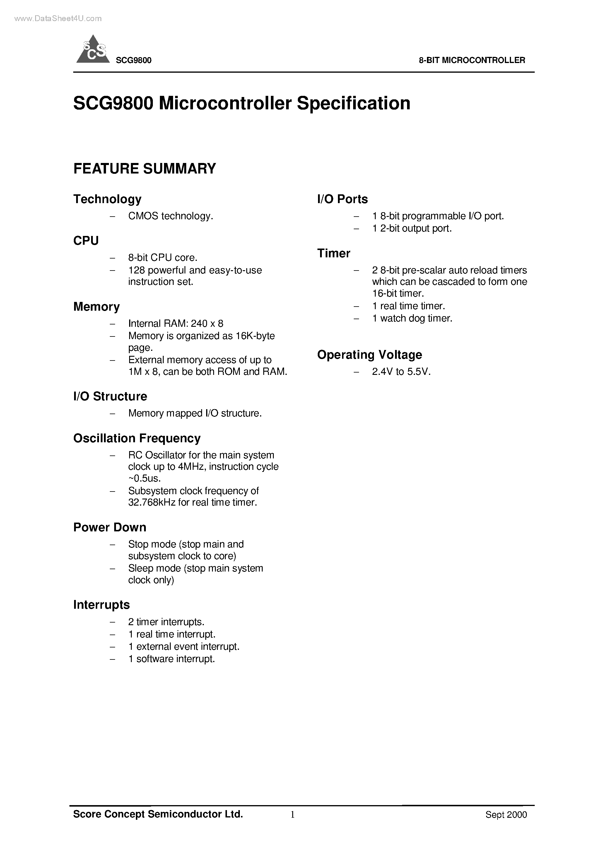 Даташит на микросхему SCG9800 страница 1 Даташит SCG9800 - 8-BIT MICROCONTROLLER страница 1