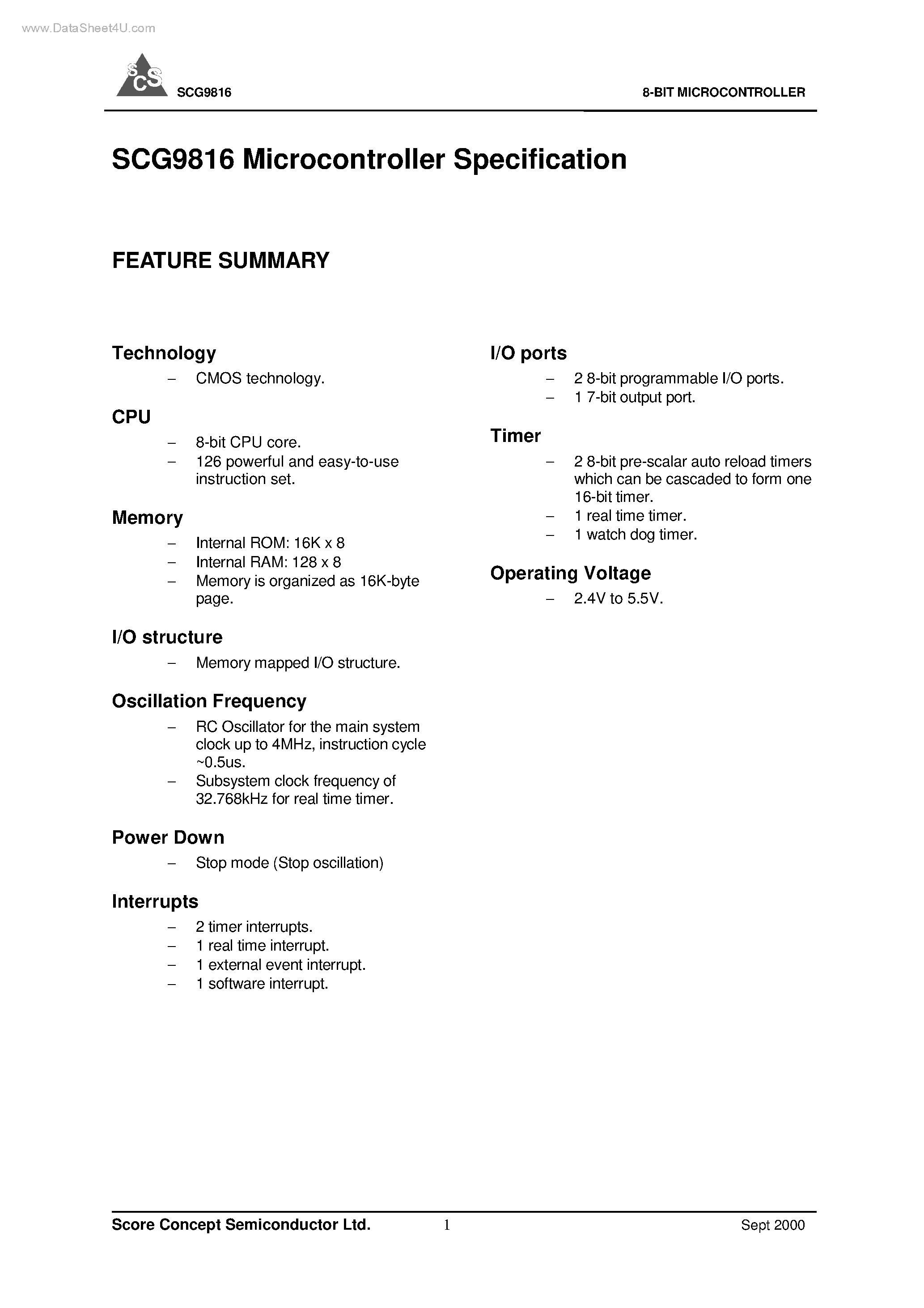 Даташит на микросхему SCG9816 страница 1 Даташит SCG9816 - 8-BIT MICROCONTROLLER страница 1