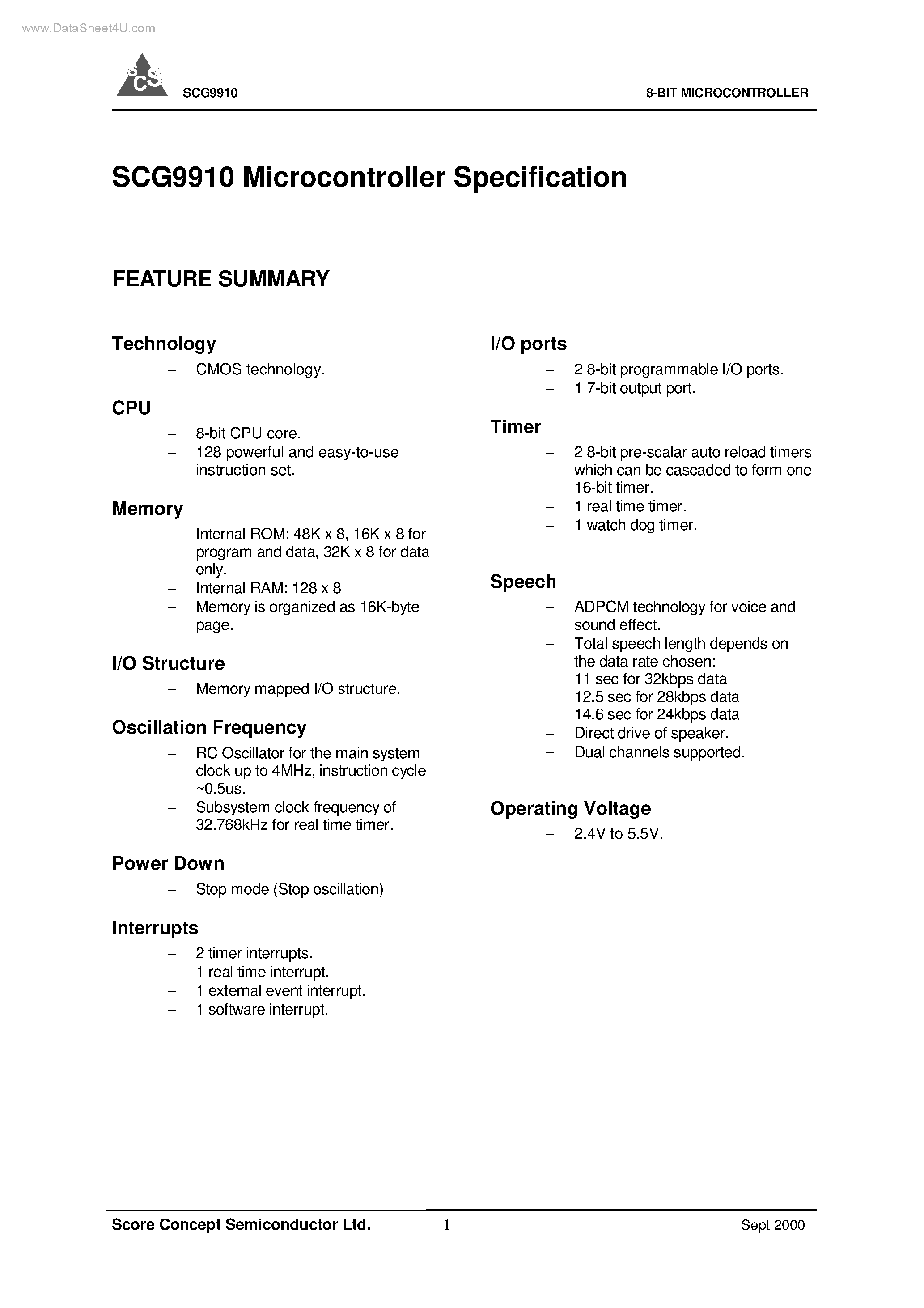 Даташит SCG9910 - 8-BIT MICROCONTROLLER страница 1