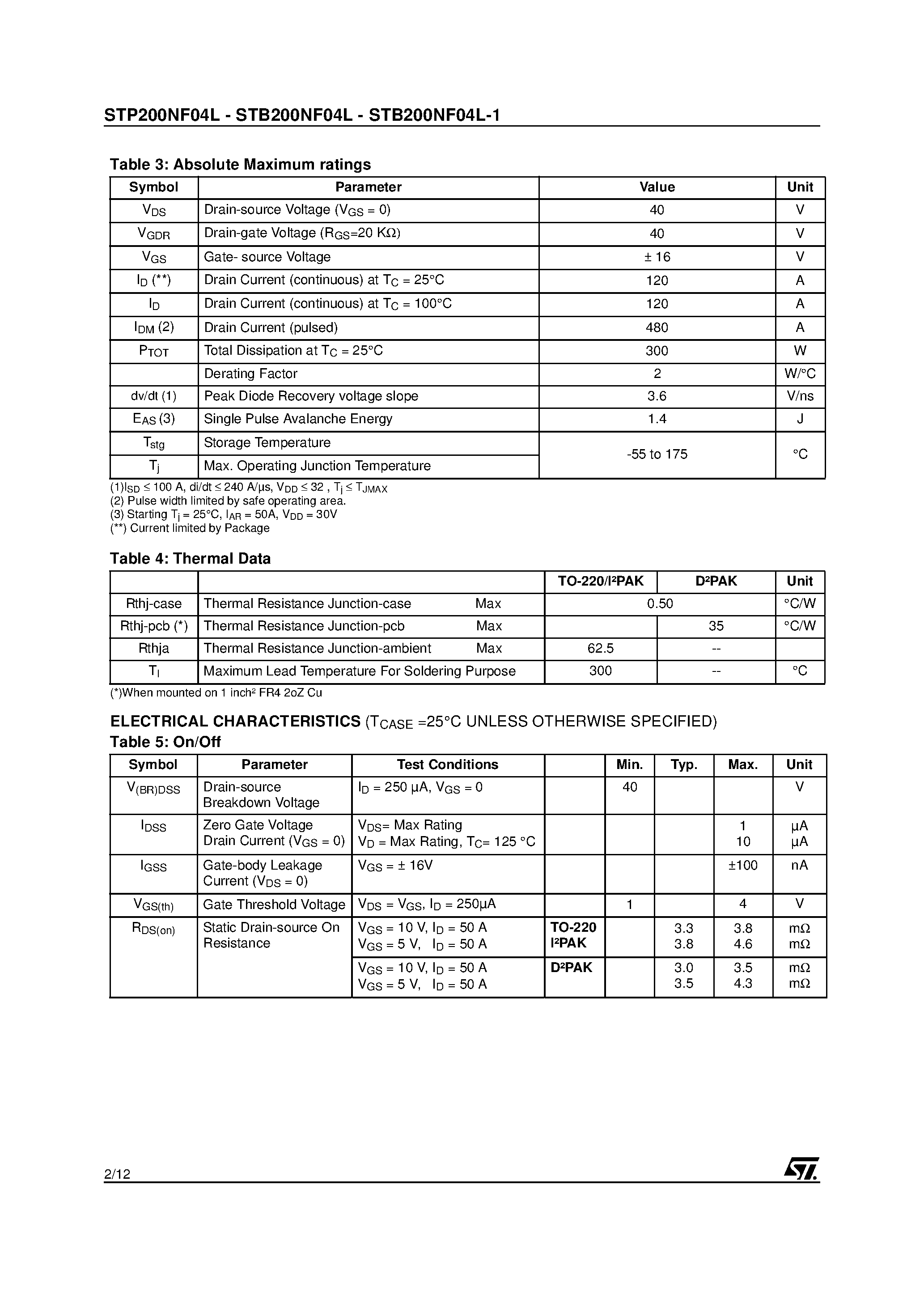 Datasheet STB200NF04L - N-CHANNEL STripFET II MOSFET page 2