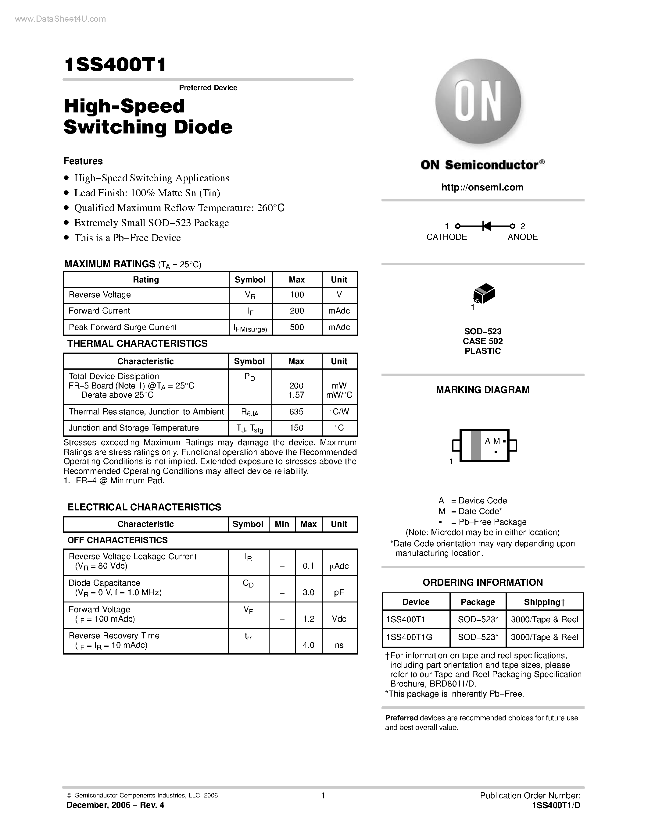 Datasheet 1SS400T1 page 1 Datasheet 1SS400T1 - High Speed Switching Diode page 1