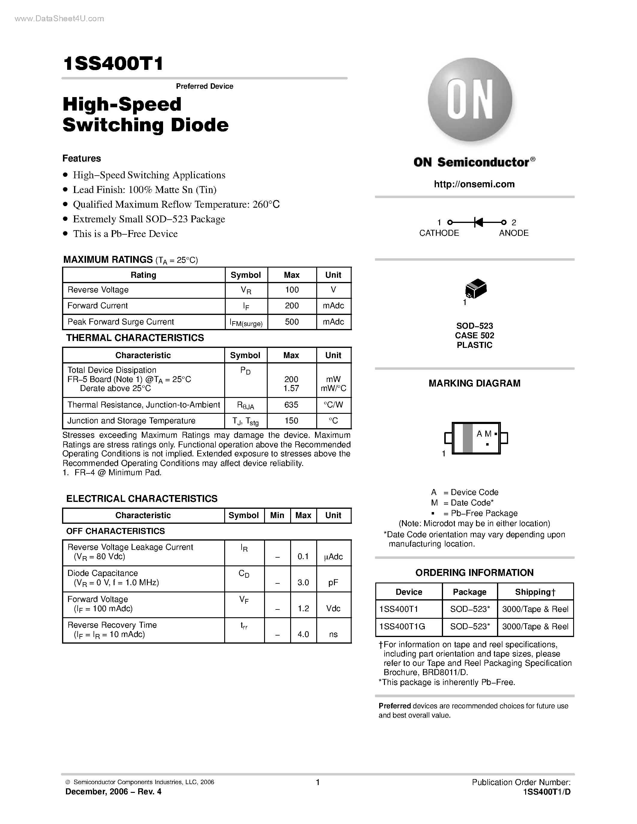 Datasheet 1SS400T1 - High Speed Switching Diode page 1