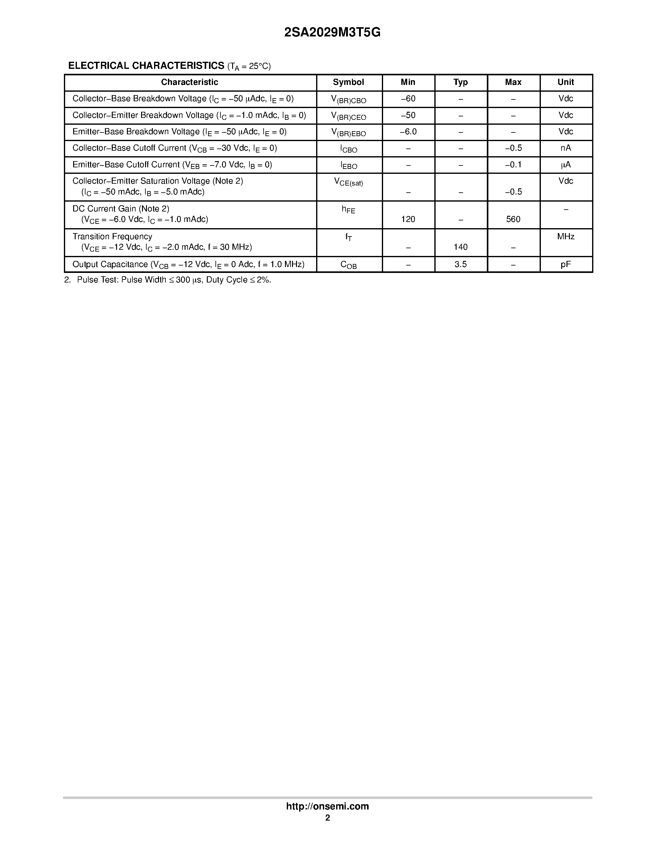 Datasheet 2SA2029M3T5G page 2 Datasheet 2SA2029M3T5G - PNP Silicon General Purpose Amplifier Transistor page 2