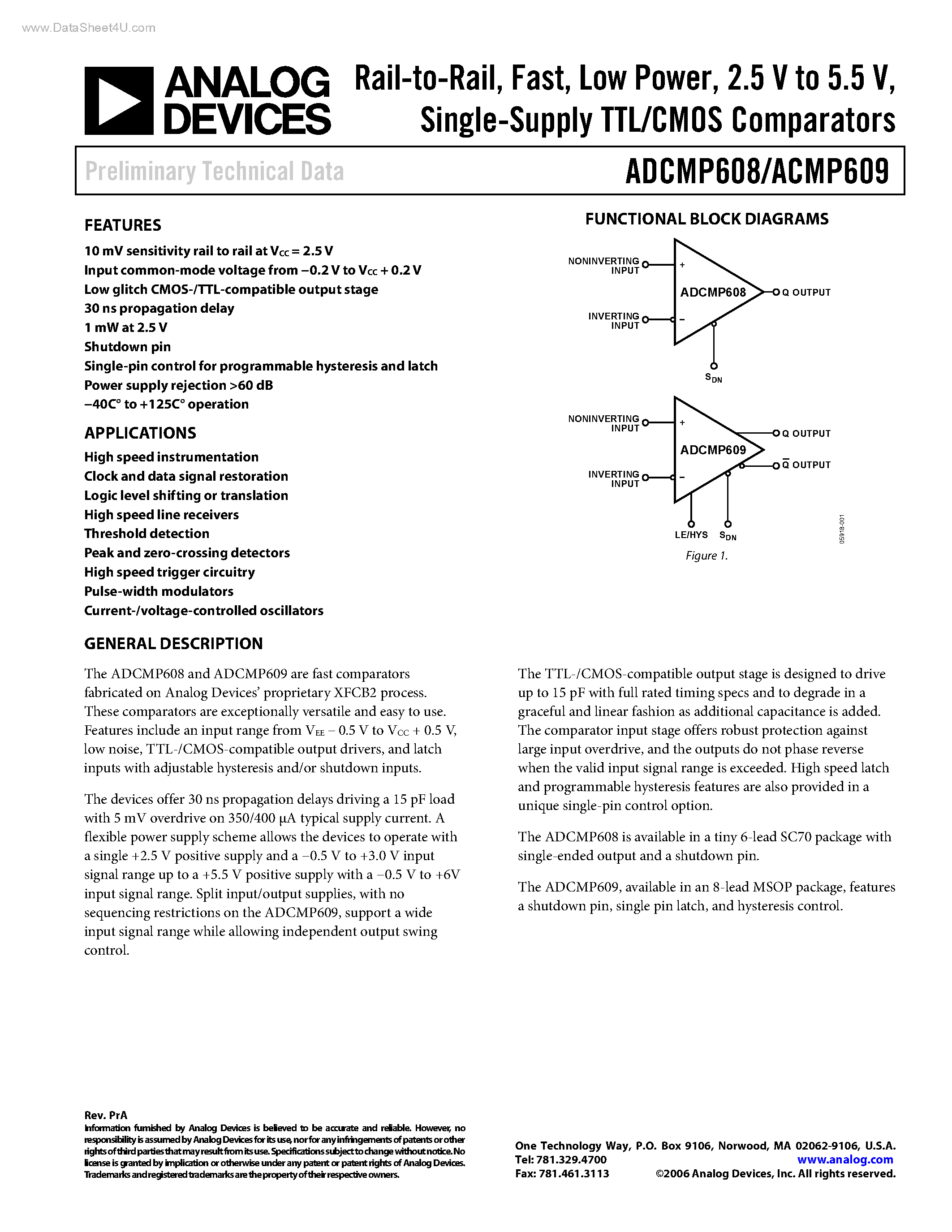 Datasheet ADCMP608 - (ADCMP608 / ADCMP609) Single-Supply TTL/CMOS Comparators page 1